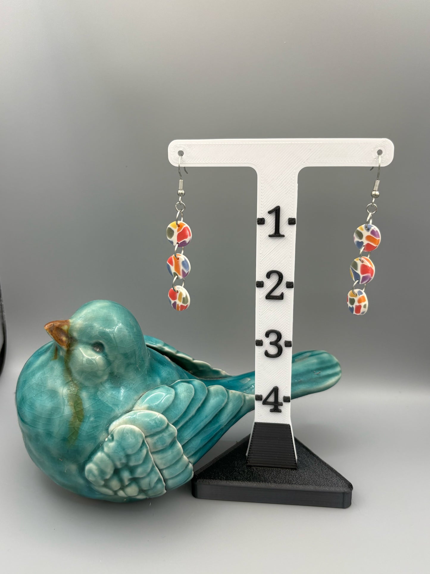 Rainbow Mosaic Triple Circle Dangle Earrings - handcrafted polymer clay earrings by Lakeside Clay