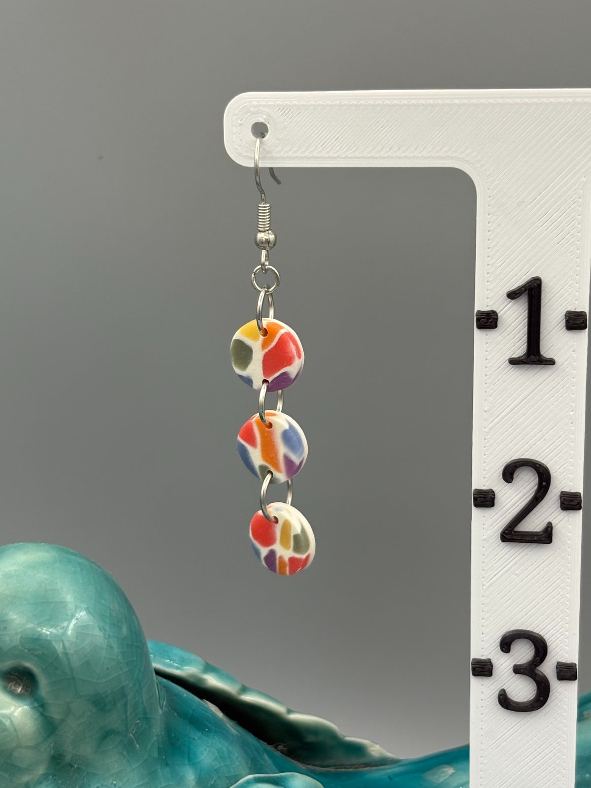Rainbow Mosaic Triple Circle Dangle Earrings - handcrafted polymer clay earrings by Lakeside Clay