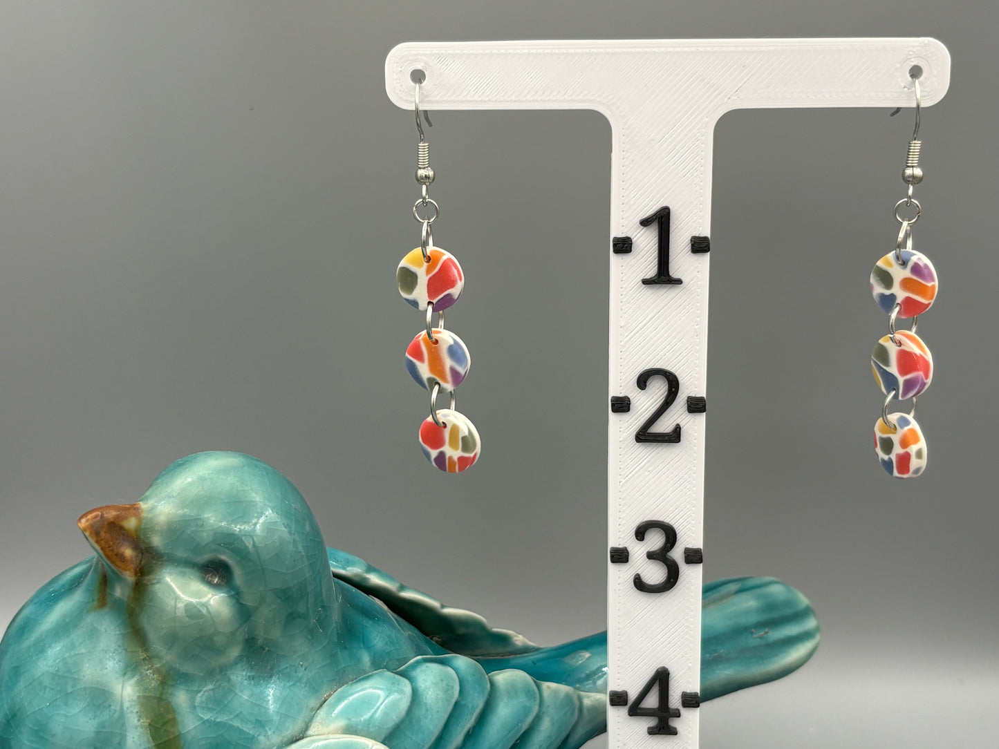 Rainbow Mosaic Triple Circle Dangle Earrings - handcrafted polymer clay earrings by Lakeside Clay