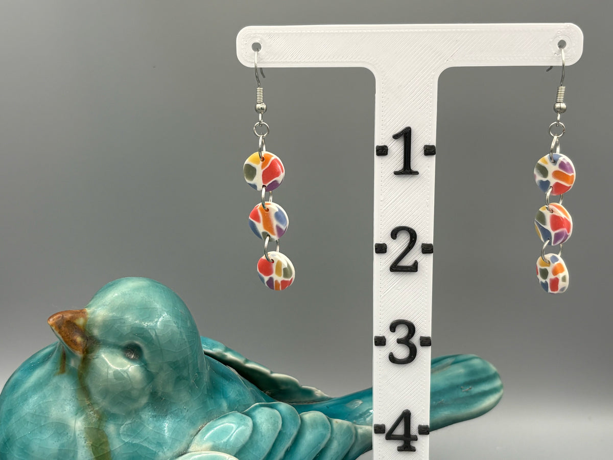 Rainbow Mosaic Triple Circle Dangle Earrings - handcrafted polymer clay earrings by Lakeside Clay