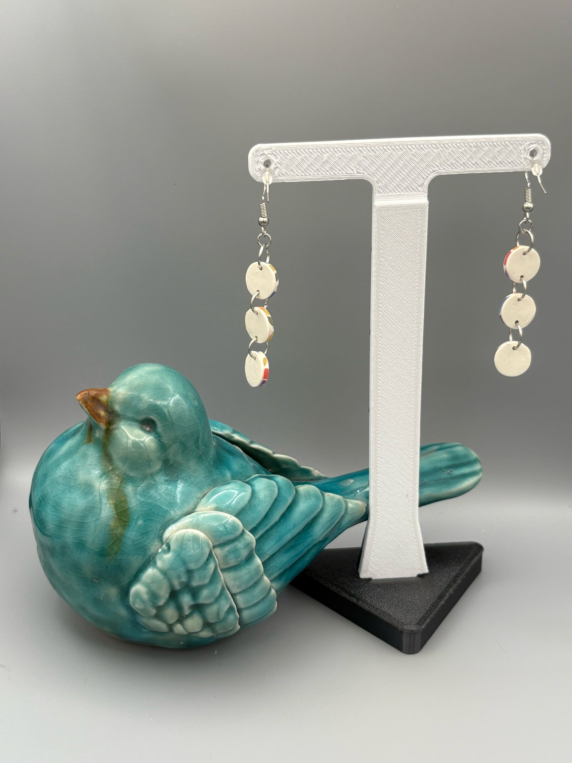 Rainbow Mosaic Triple Circle Dangle Earrings - handcrafted polymer clay earrings by Lakeside Clay