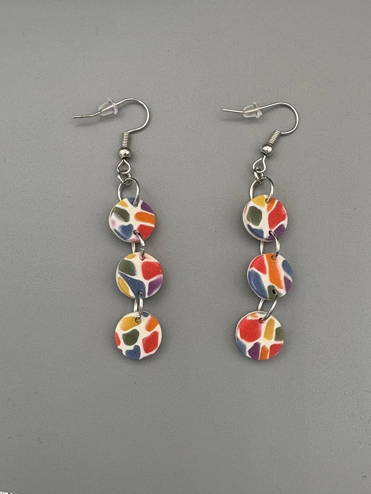 Rainbow Mosaic Triple Circle Dangle Earrings - handcrafted polymer clay earrings by Lakeside Clay