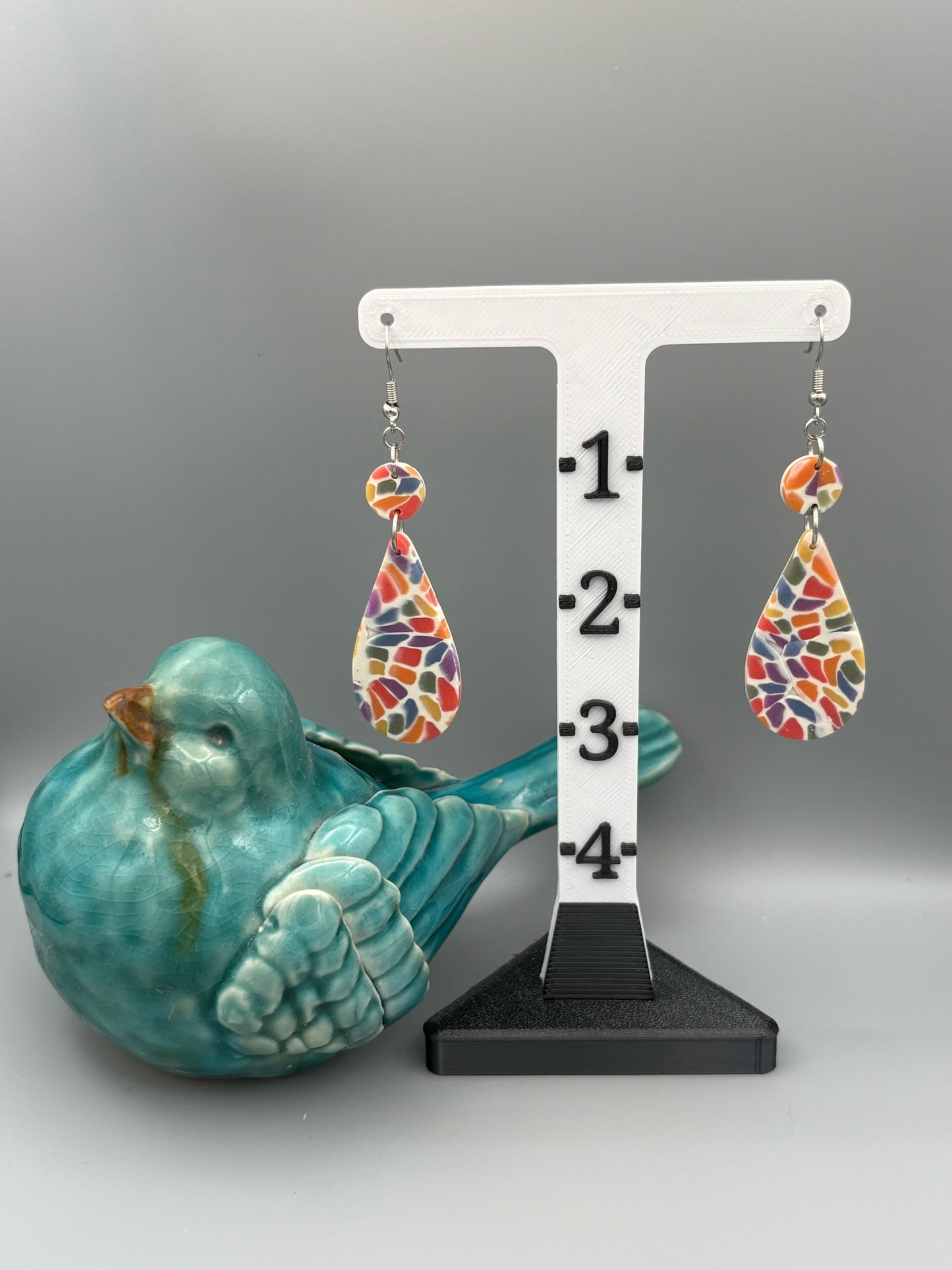 Rainbow Mosaic Drop Dangle Earrings - handcrafted polymer clay earrings by Lakeside Clay