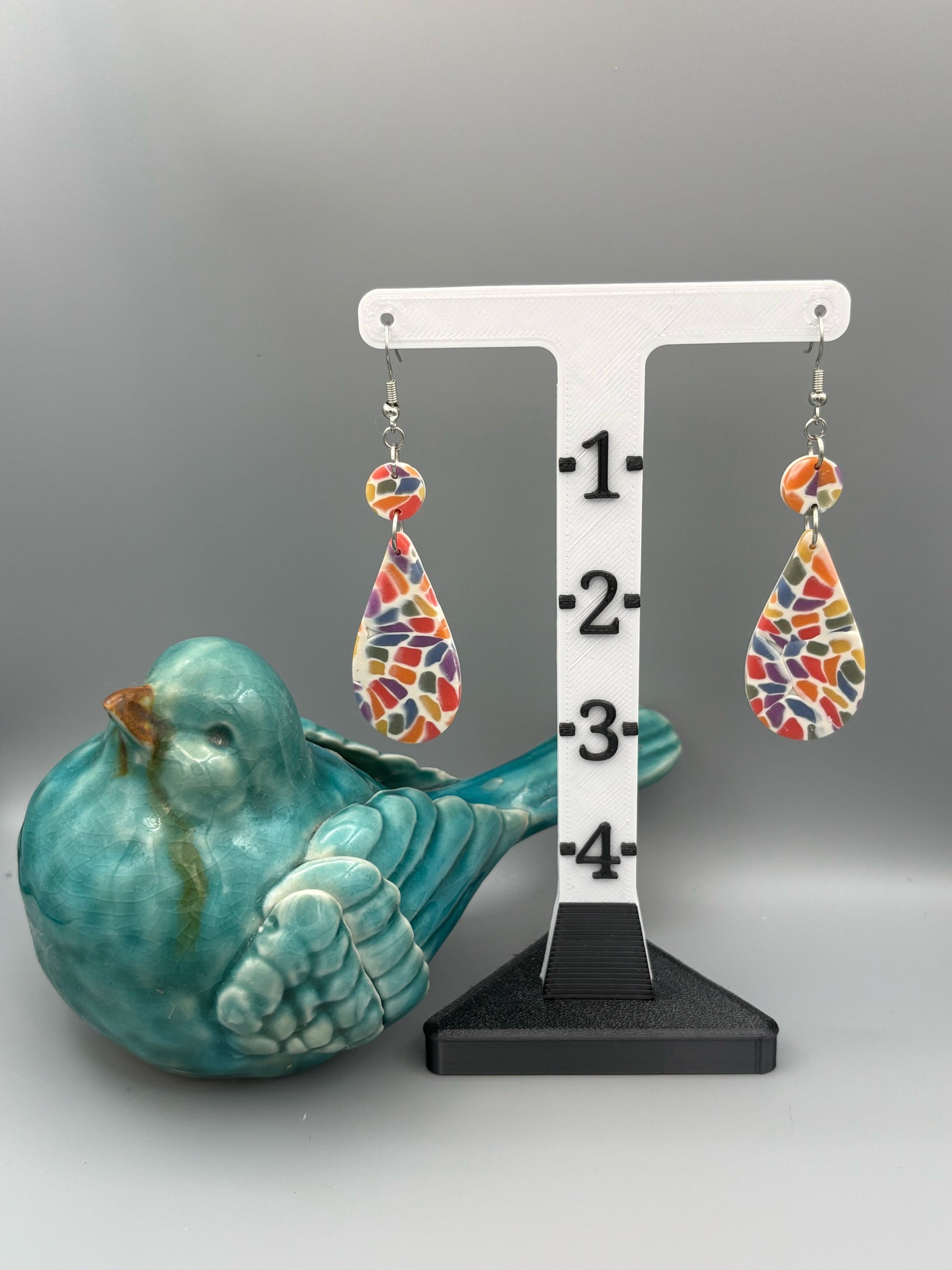 Rainbow Mosaic Drop Dangle Earrings - handcrafted polymer clay earrings by Lakeside Clay