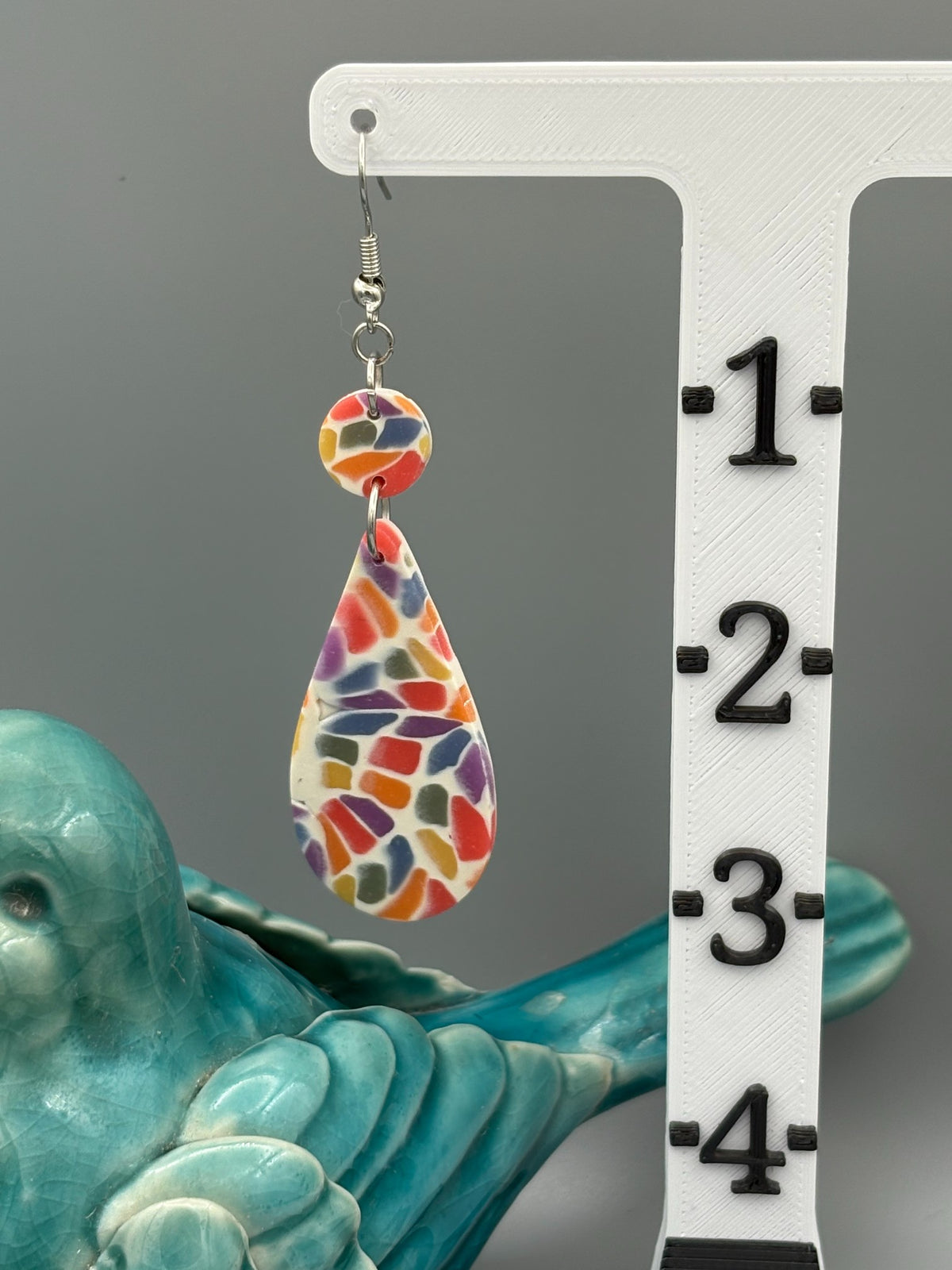 Rainbow Mosaic Drop Dangle Earrings - handcrafted polymer clay earrings by Lakeside Clay