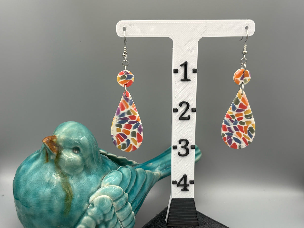 Rainbow Mosaic Drop Dangle Earrings - handcrafted polymer clay earrings by Lakeside Clay