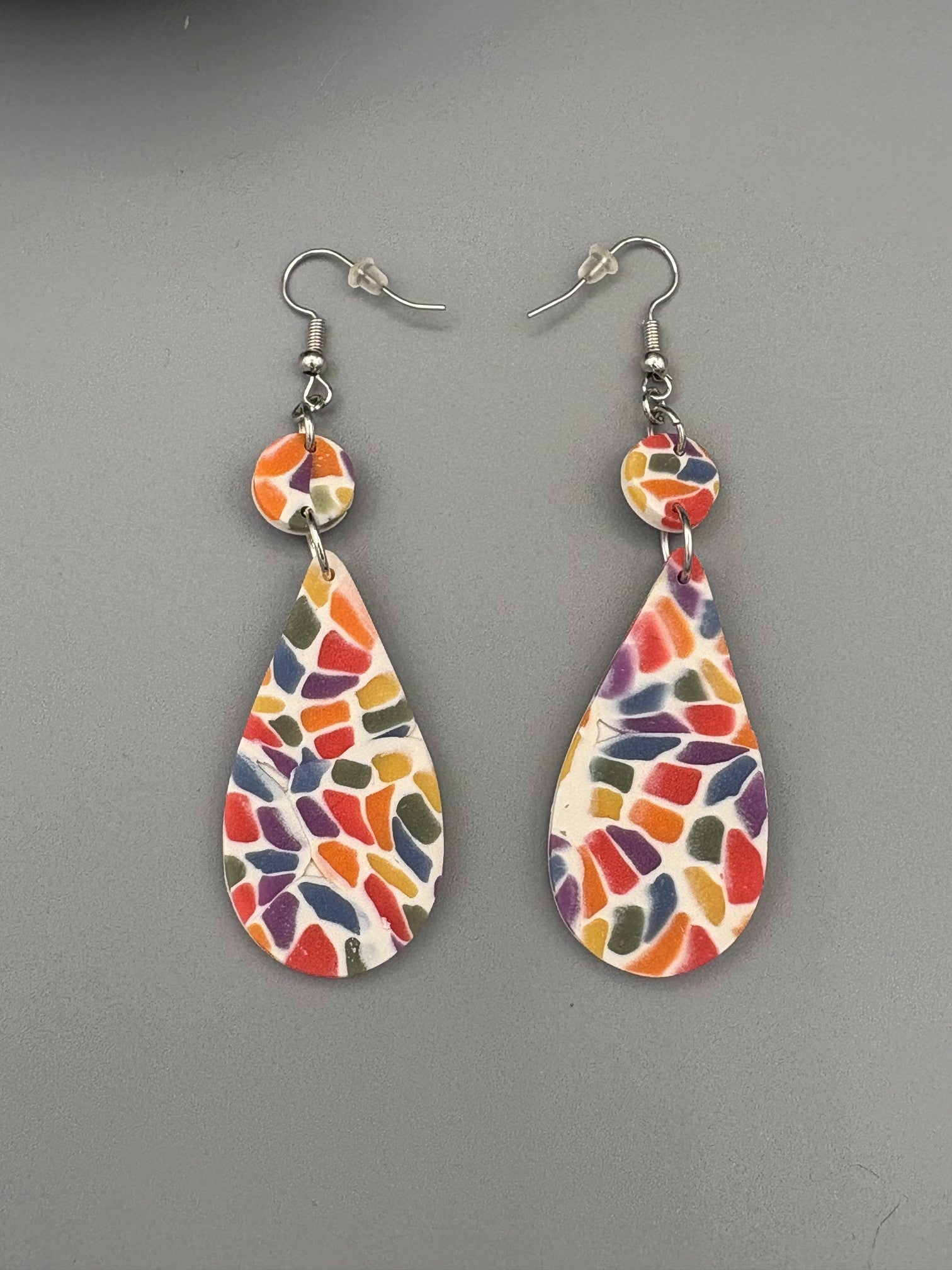 Rainbow Mosaic Drop Dangle Earrings - handcrafted polymer clay earrings by Lakeside Clay