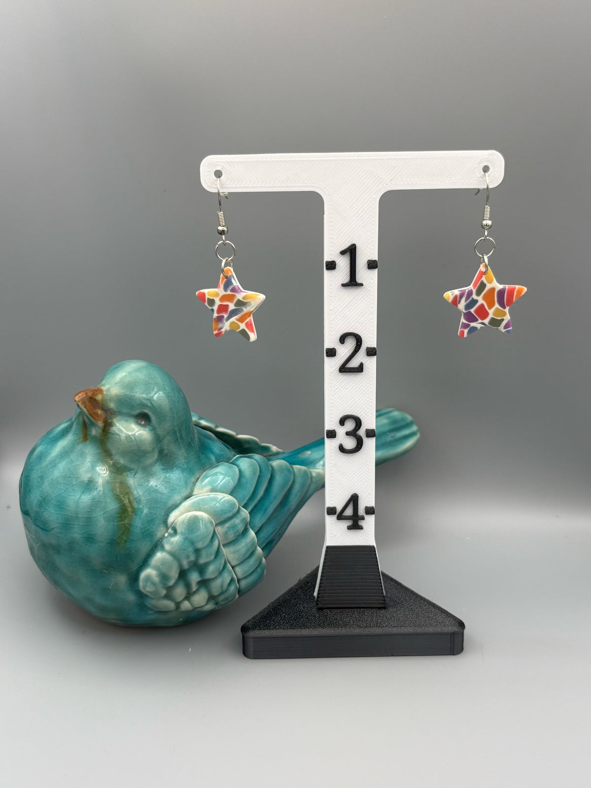 Rainbow Mosaic Star Dangle Earrings - handcrafted polymer clay earrings by Lakeside Clay