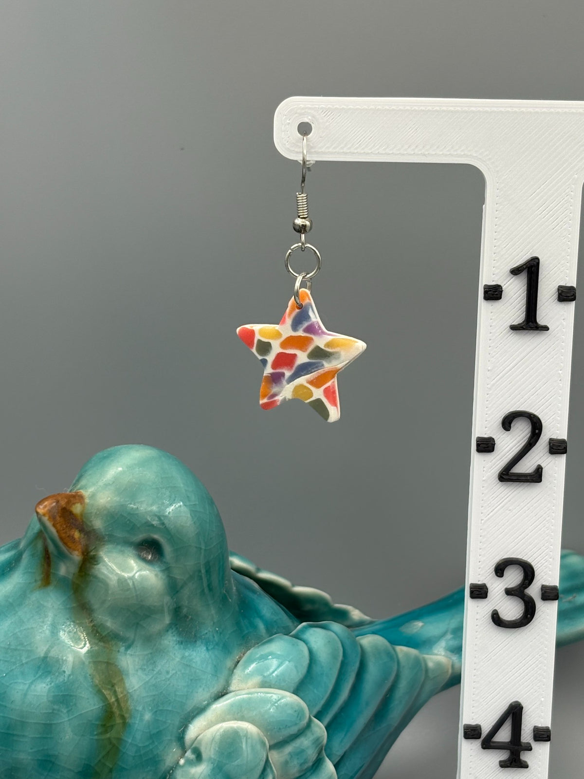Rainbow Mosaic Star Dangle Earrings - handcrafted polymer clay earrings by Lakeside Clay