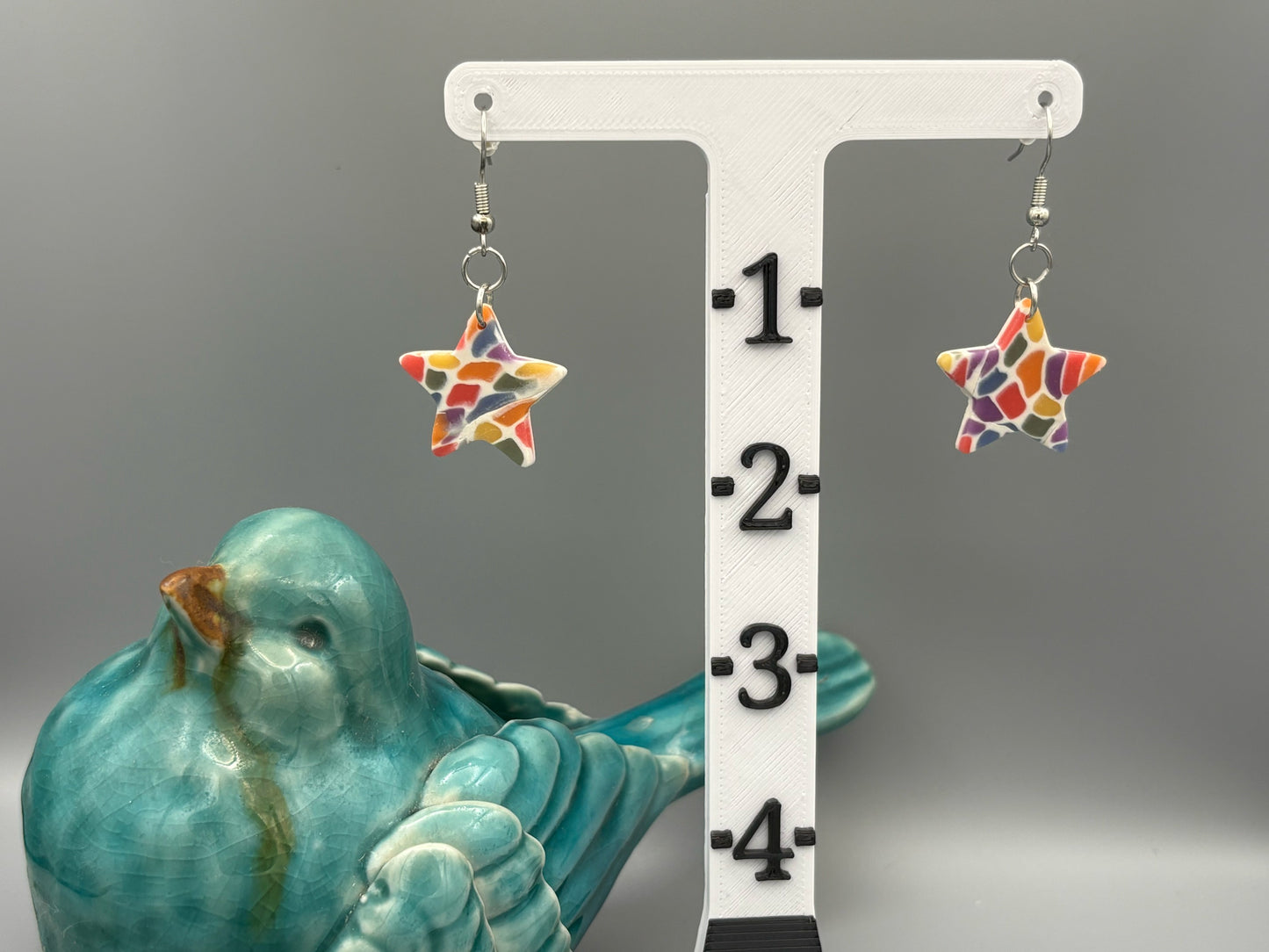 Rainbow Mosaic Star Dangle Earrings - handcrafted polymer clay earrings by Lakeside Clay