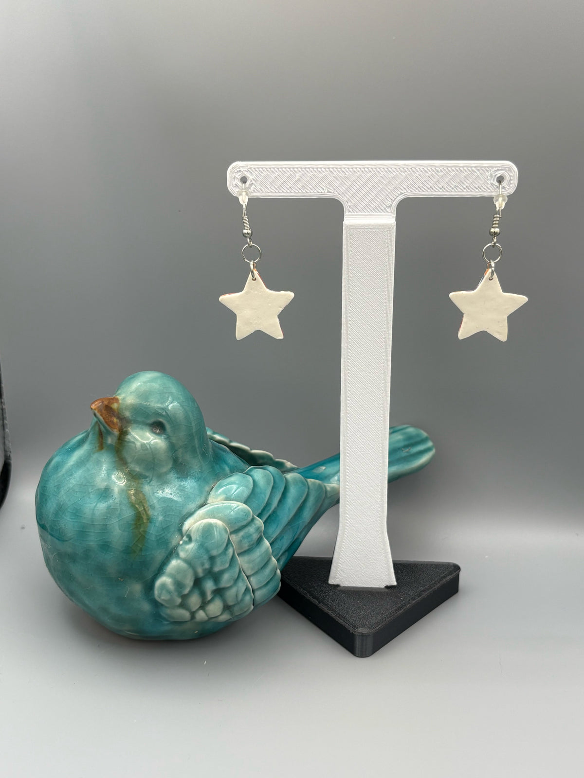 Rainbow Mosaic Star Dangle Earrings - handcrafted polymer clay earrings by Lakeside Clay