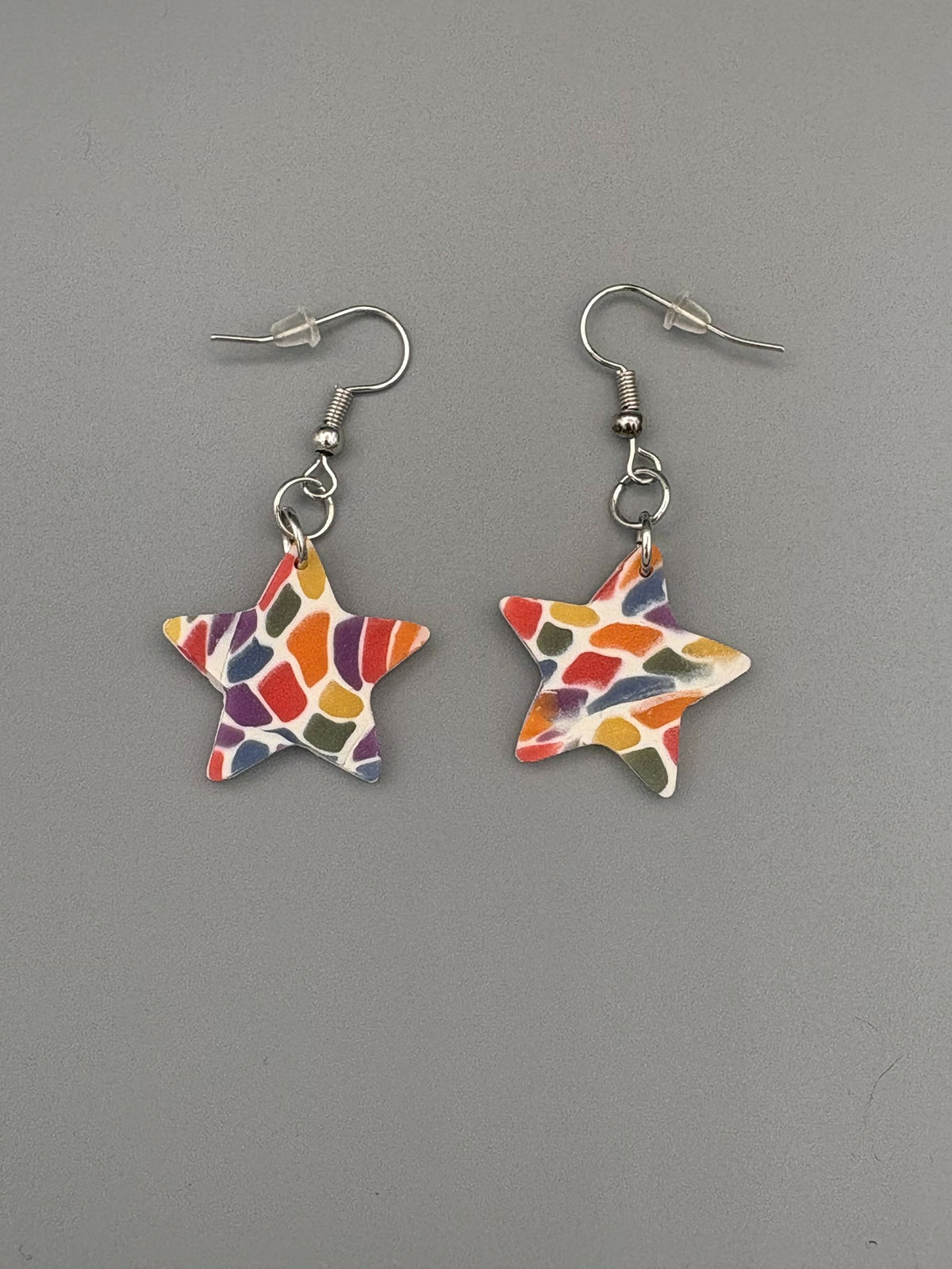 Rainbow Mosaic Star Dangle Earrings - handcrafted polymer clay earrings by Lakeside Clay