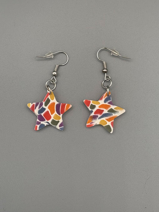 Rainbow Mosaic Star Dangle Earrings - handcrafted polymer clay earrings by Lakeside Clay