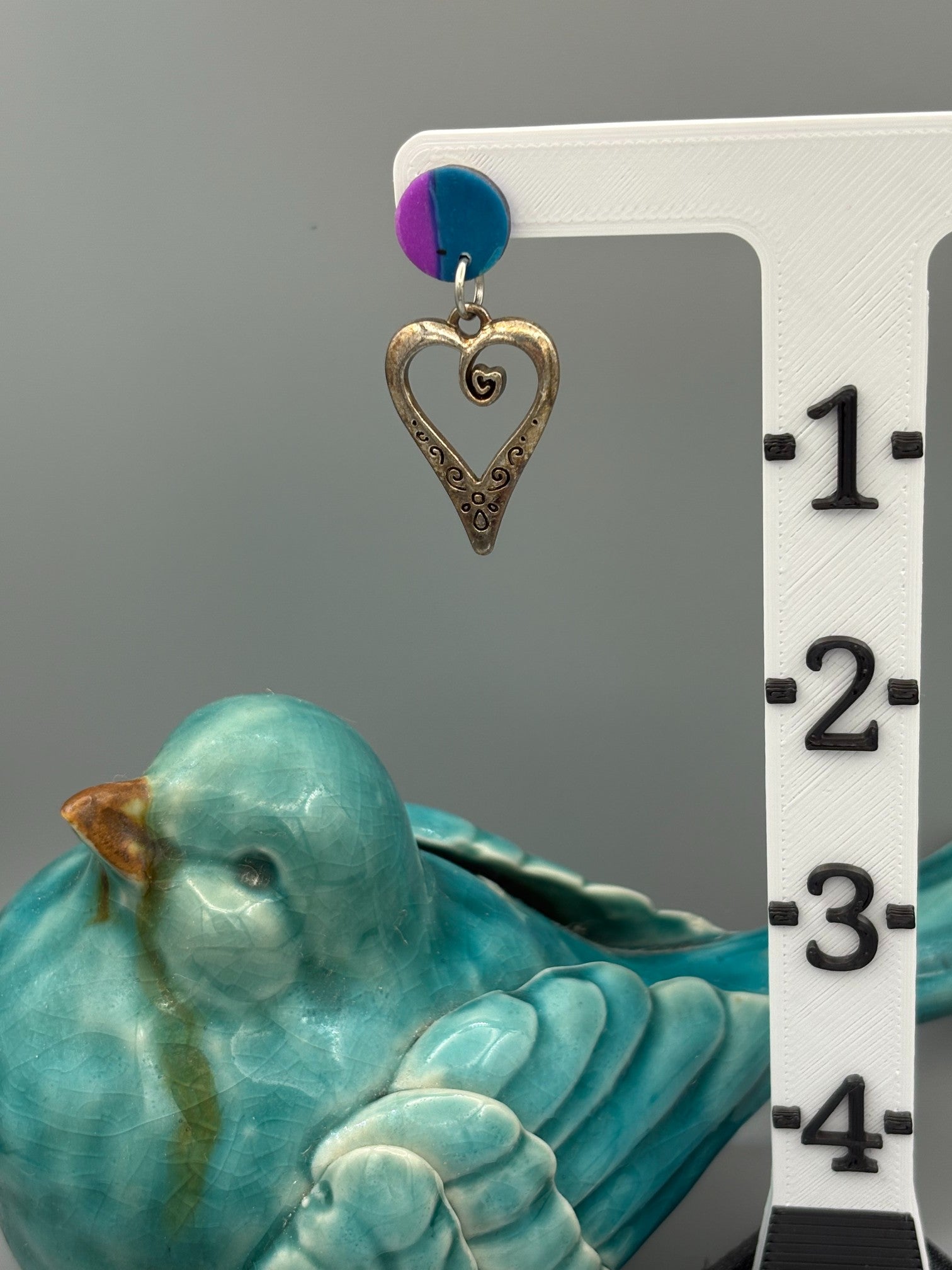 Water Colour Circle Stud Earrings with Heart Charms - handcrafted polymer clay earrings by Lakeside Clay