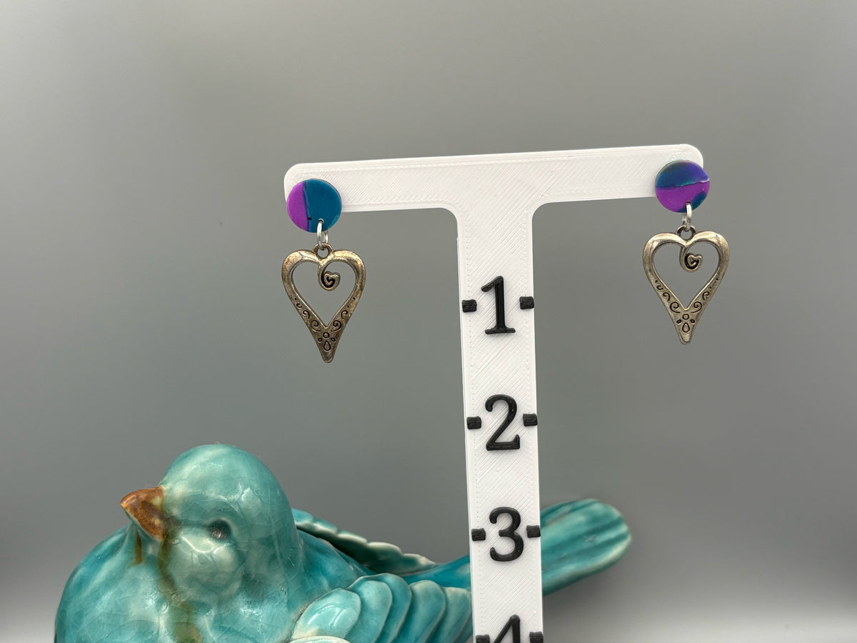 Water Colour Circle Stud Earrings with Heart Charms - handcrafted polymer clay earrings by Lakeside Clay