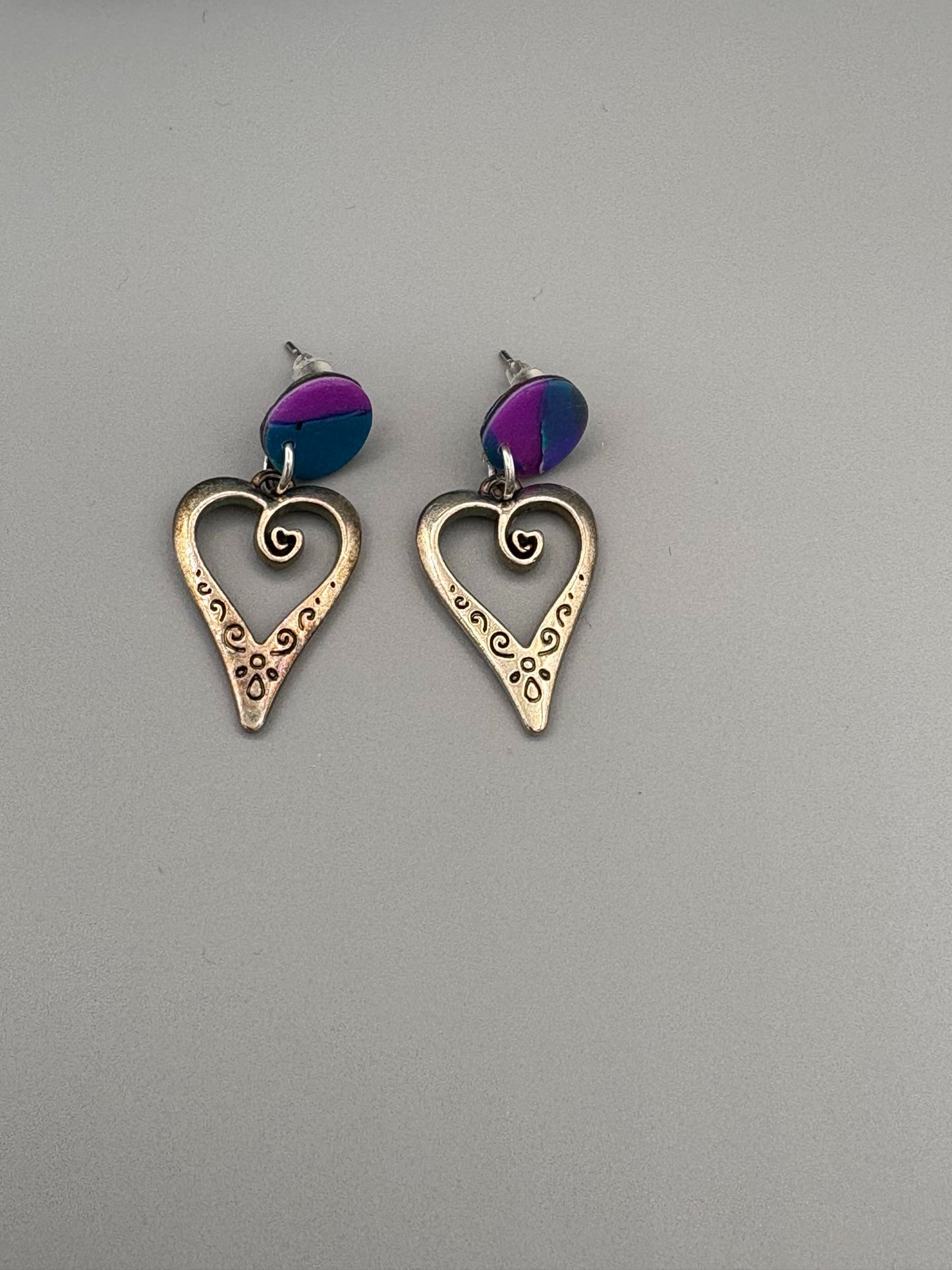 Water Colour Circle Stud Earrings with Heart Charms - handcrafted polymer clay earrings by Lakeside Clay
