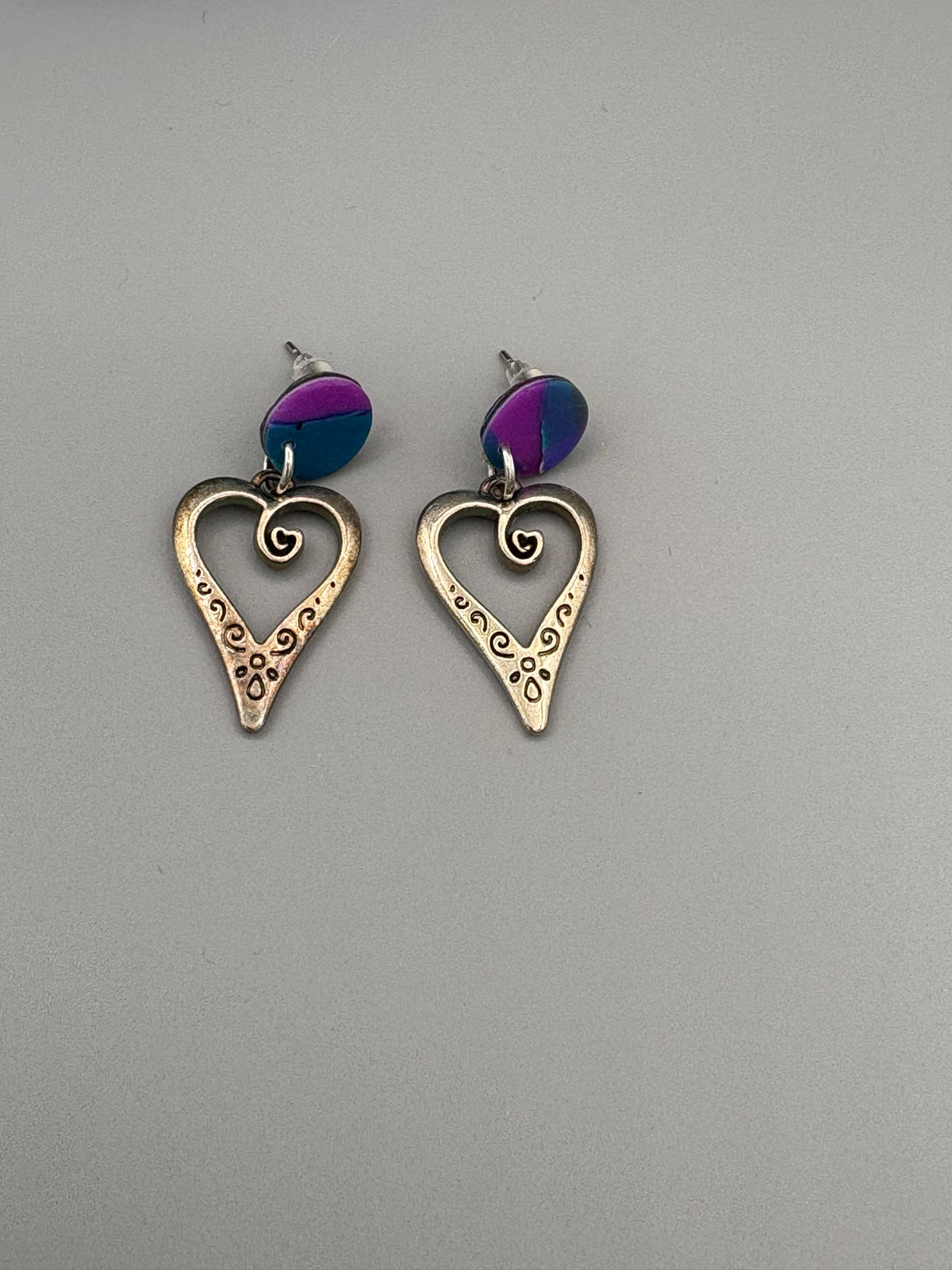 Water Colour Circle Stud Earrings with Heart Charms - handcrafted polymer clay earrings by Lakeside Clay