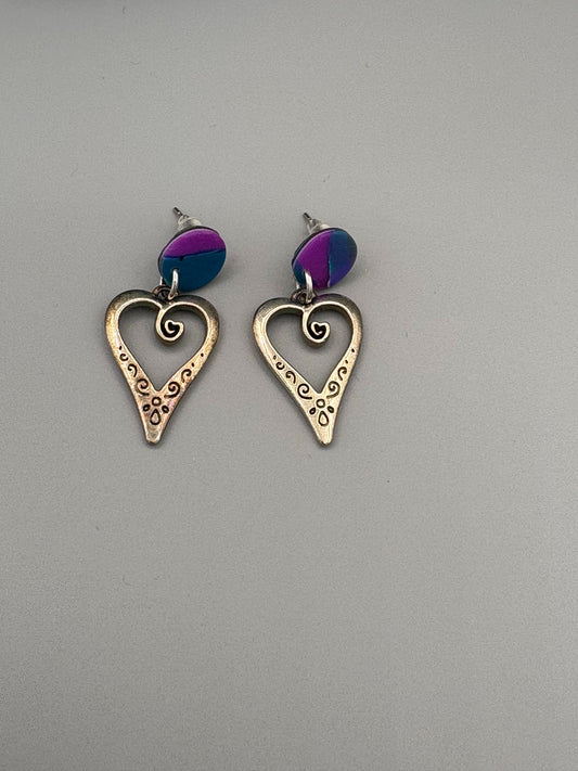 Water Colour Circle Stud Earrings with Heart Charms - handcrafted polymer clay earrings by Lakeside Clay