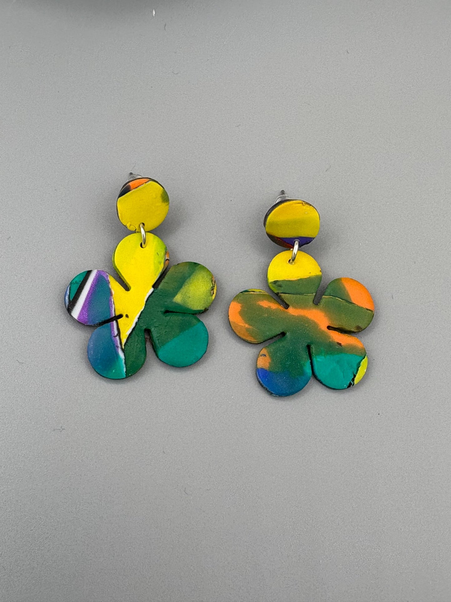 Water Colour Flower Dangle Earrings - handcrafted polymer clay earrings by Lakeside Clay