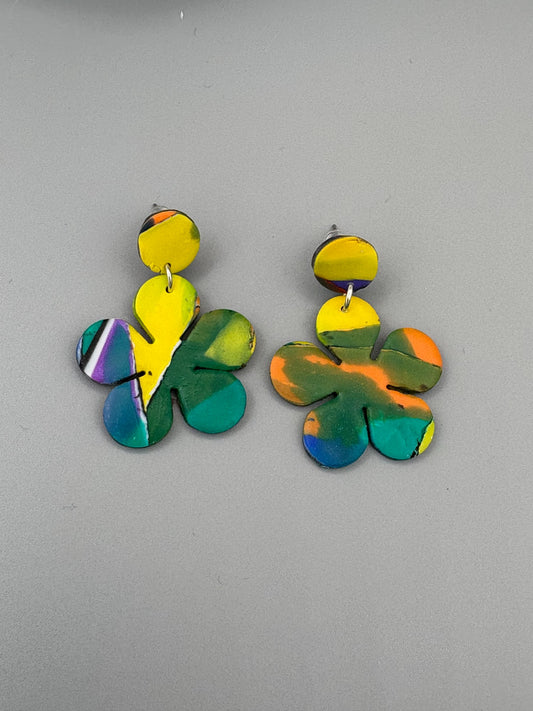 Water Colour Flower Dangle Earrings - handcrafted polymer clay earrings by Lakeside Clay