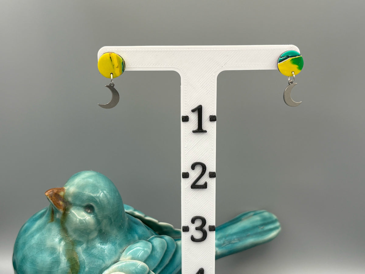 Water Colour Circles Stud Earrings with Moon Charms - handcrafted polymer clay earrings by Lakeside Clay