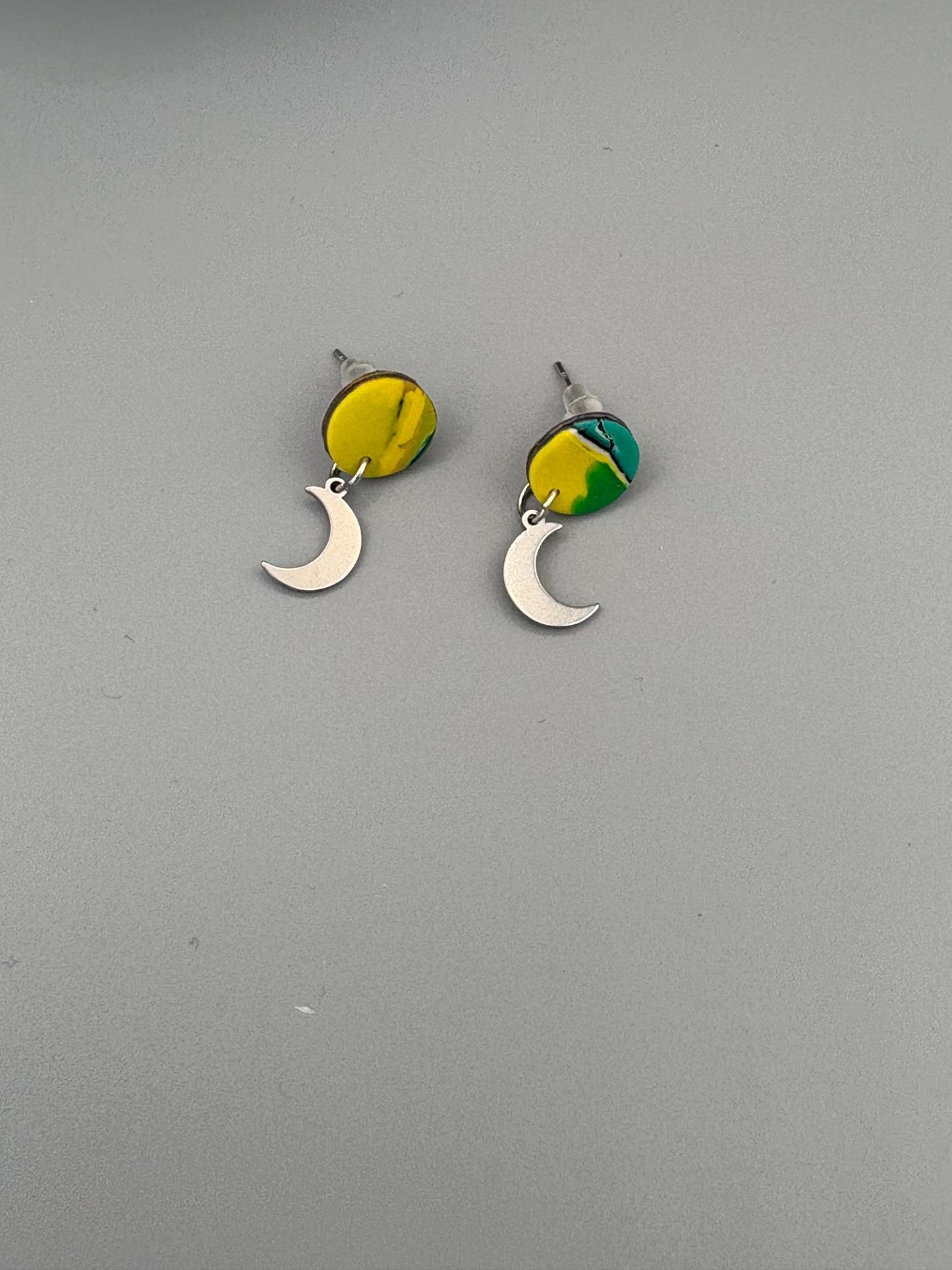 Water Colour Circles Stud Earrings with Moon Charms - handcrafted polymer clay earrings by Lakeside Clay