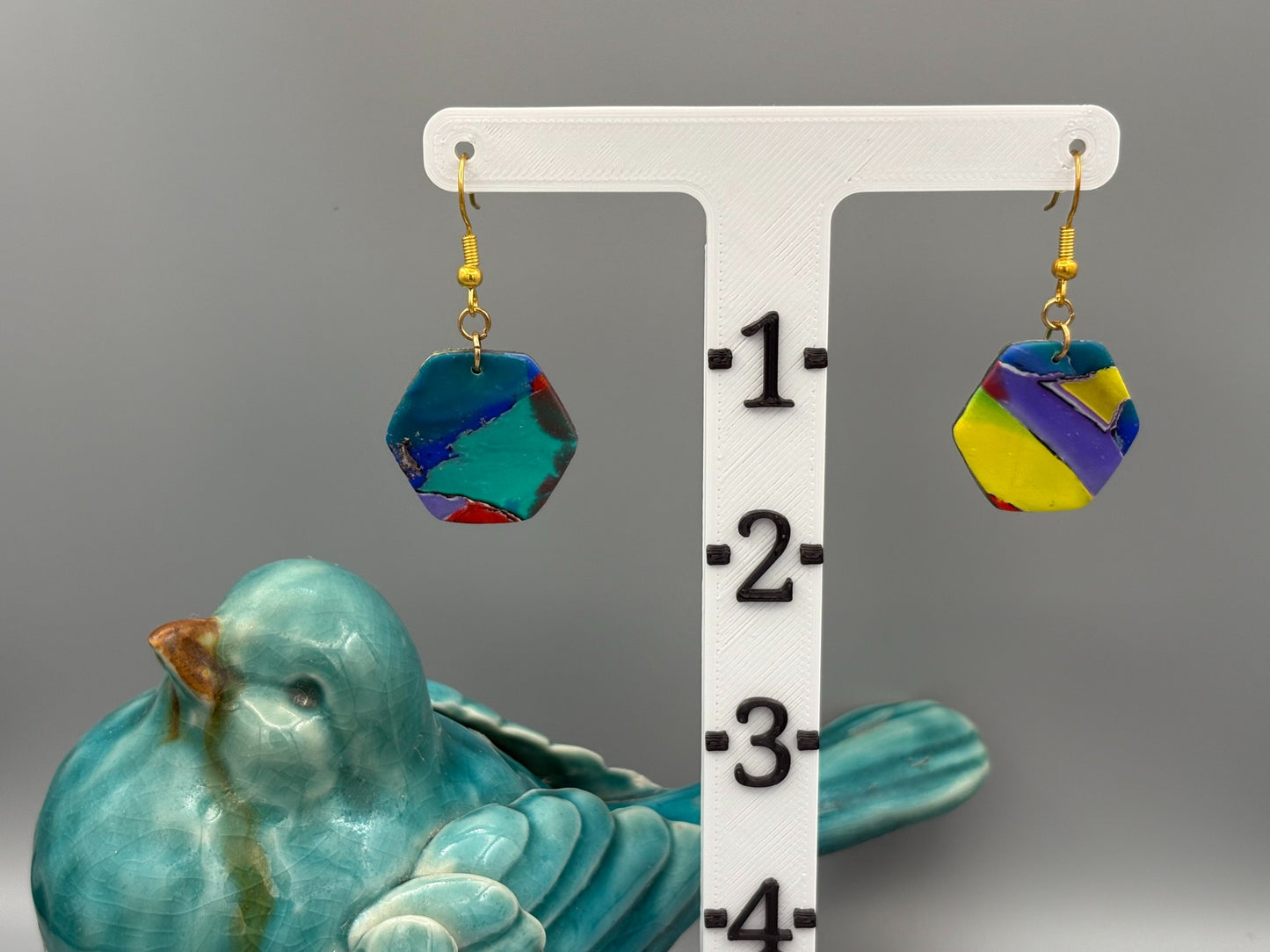 Water Colour Hexagon Dangle Earrings - handcrafted polymer clay earrings by Lakeside Clay