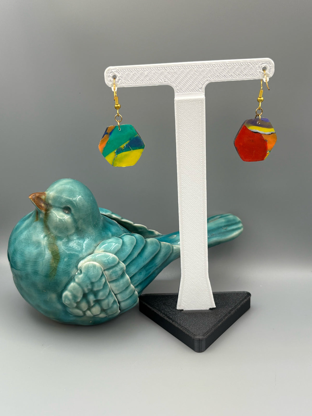 Water Colour Hexagon Dangle Earrings - handcrafted polymer clay earrings by Lakeside Clay