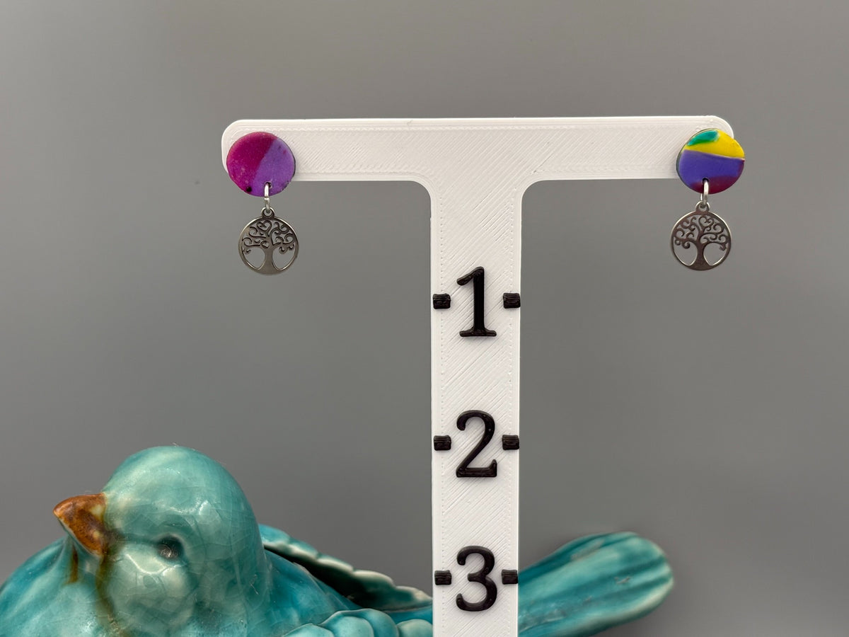 Water Colour Circle Stud Earrings with Tree Charms - handcrafted polymer clay earrings by Lakeside Clay