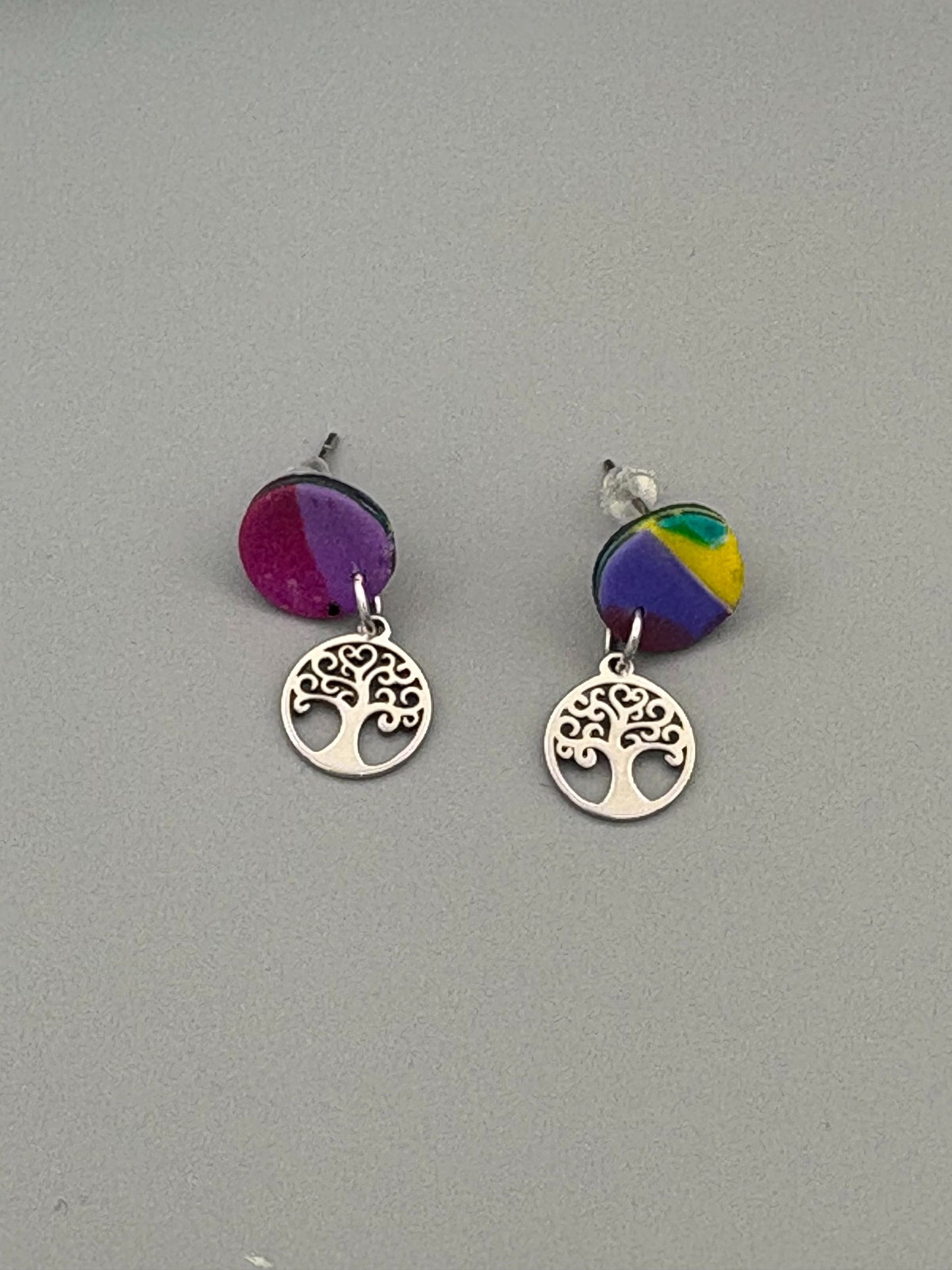 Water Colour Circle Stud Earrings with Tree Charms - handcrafted polymer clay earrings by Lakeside Clay
