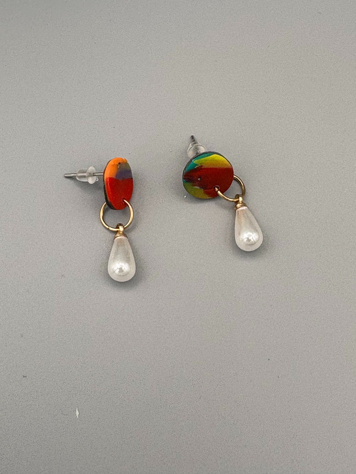 Water Colour Circle Stud Earrings with Faux Pearls - handcrafted polymer clay earrings by Lakeside Clay