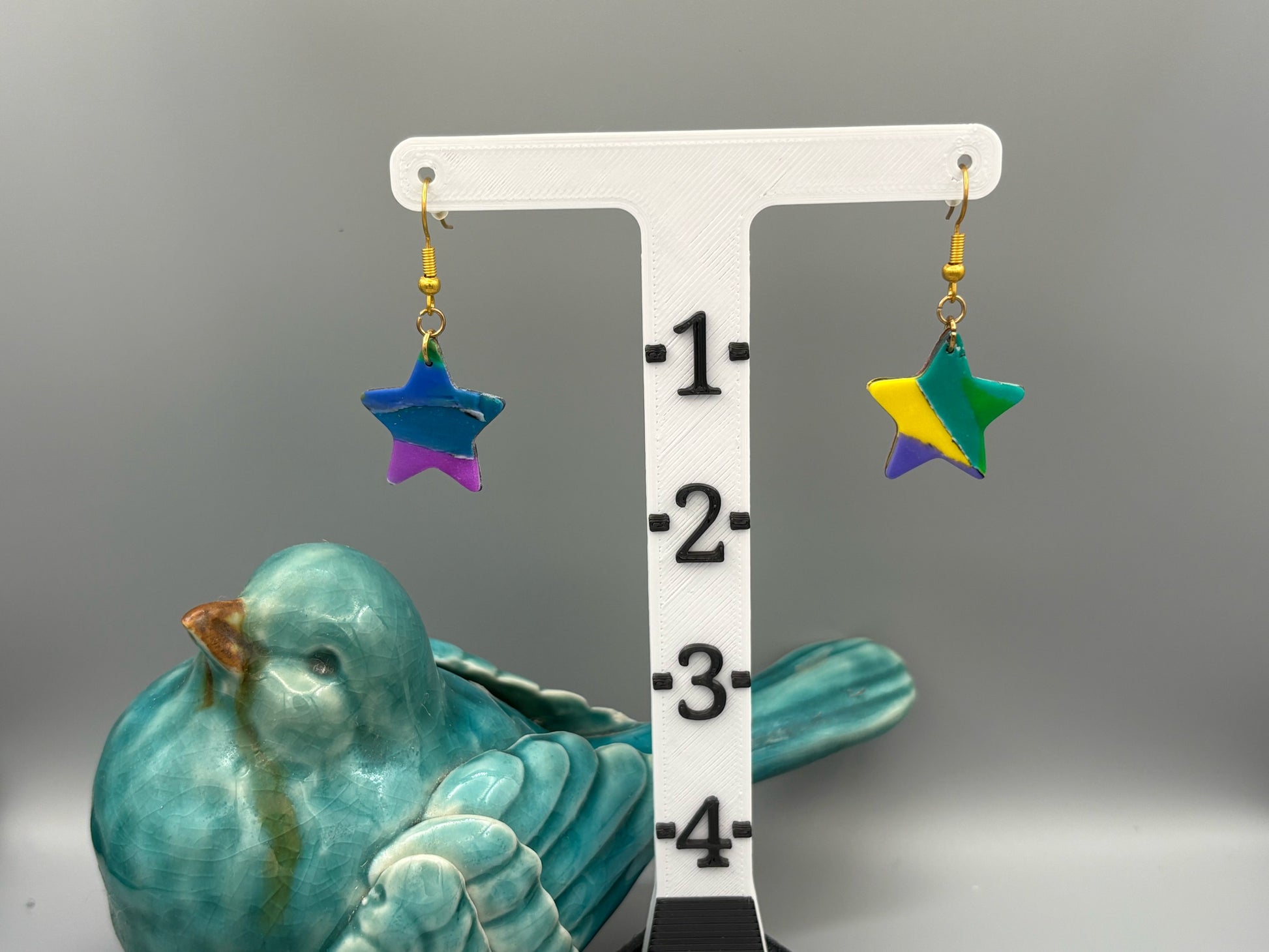Water Colour Star Dangle Earrings - handcrafted polymer clay earrings by Lakeside Clay