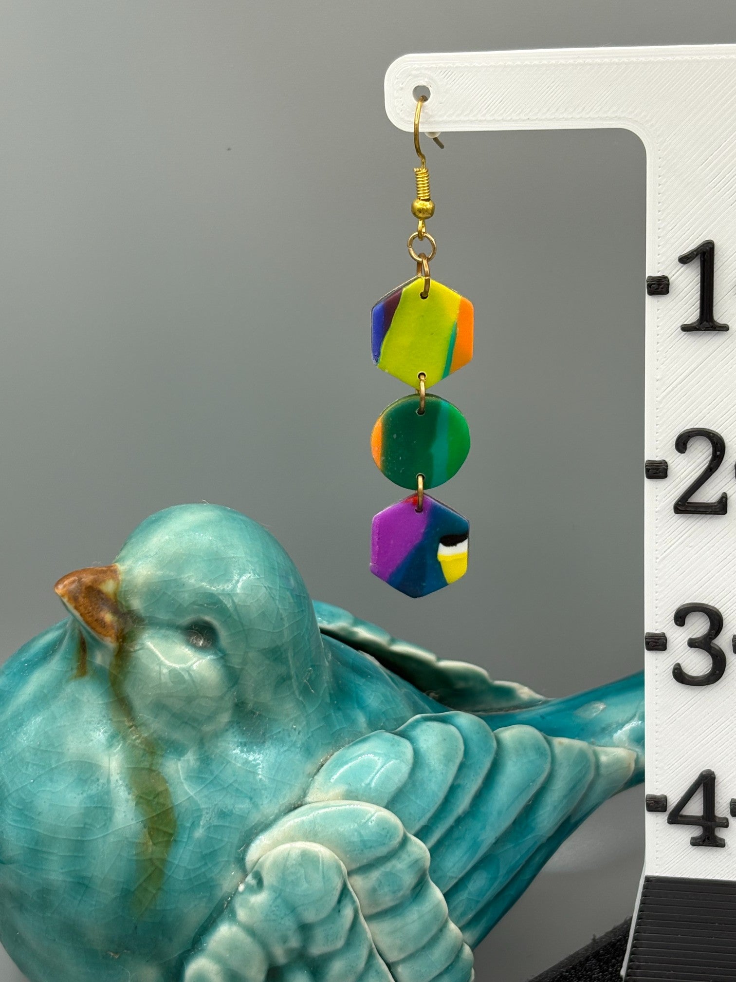 Water Colour Hexagons & Circle Dangle Earrings - handcrafted polymer clay earrings by Lakeside Clay