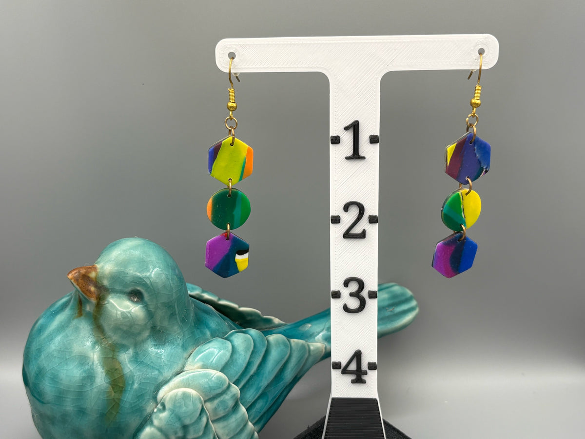 Water Colour Hexagons & Circle Dangle Earrings - handcrafted polymer clay earrings by Lakeside Clay