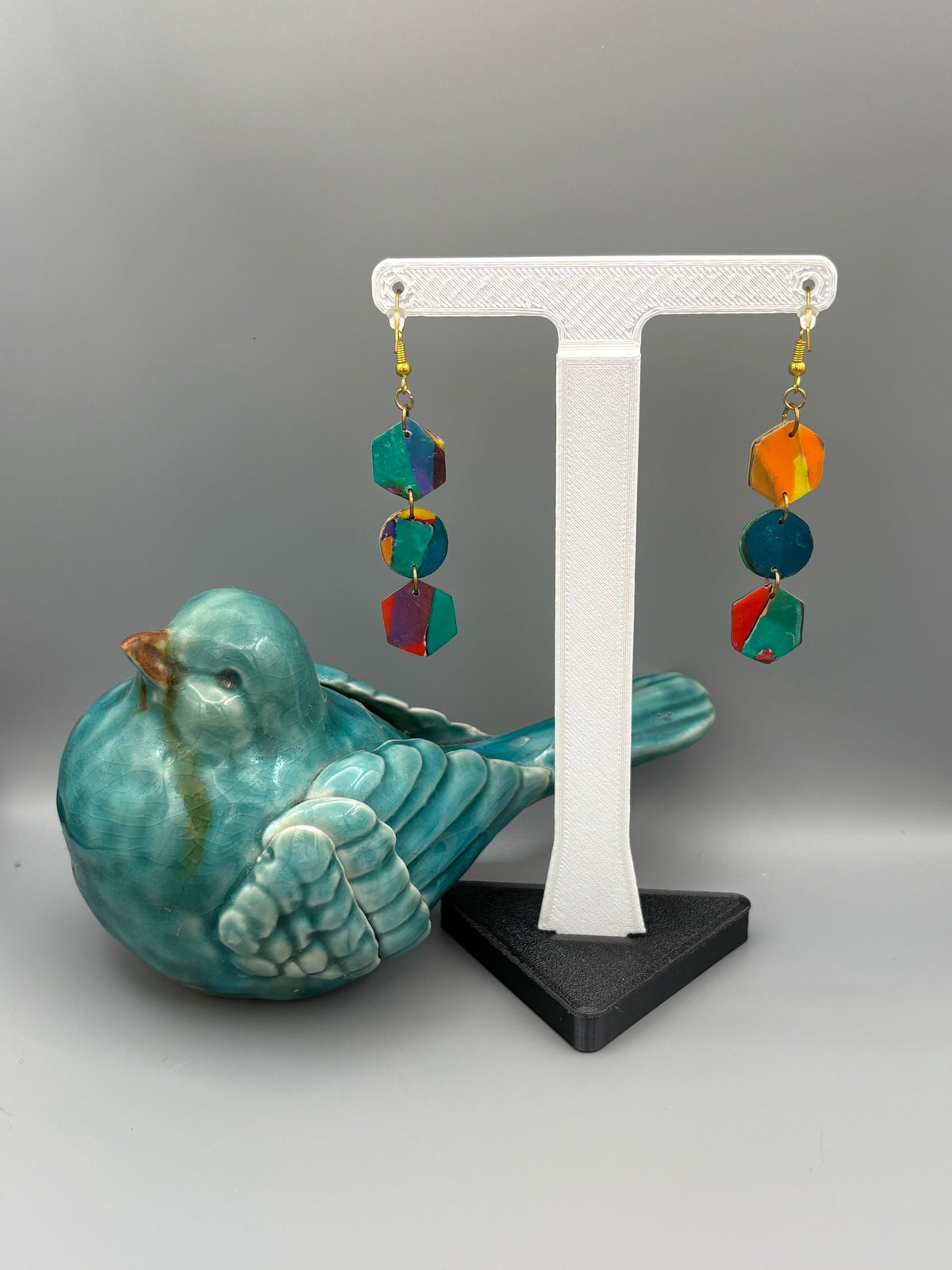 Water Colour Hexagons & Circle Dangle Earrings - handcrafted polymer clay earrings by Lakeside Clay