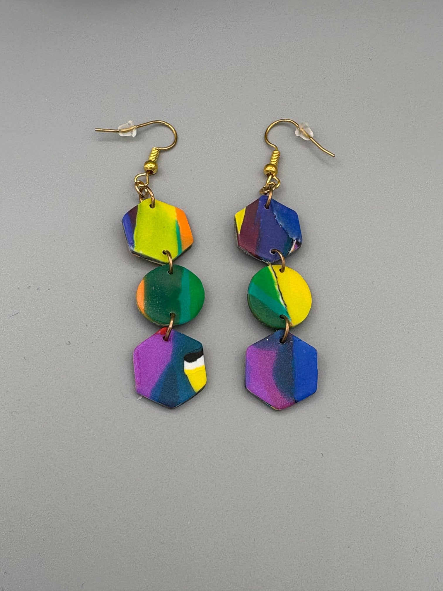 Water Colour Hexagons & Circle Dangle Earrings - handcrafted polymer clay earrings by Lakeside Clay