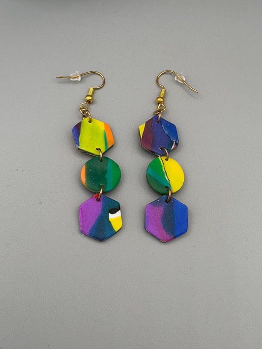 Water Colour Hexagons & Circle Dangle Earrings - handcrafted polymer clay earrings by Lakeside Clay