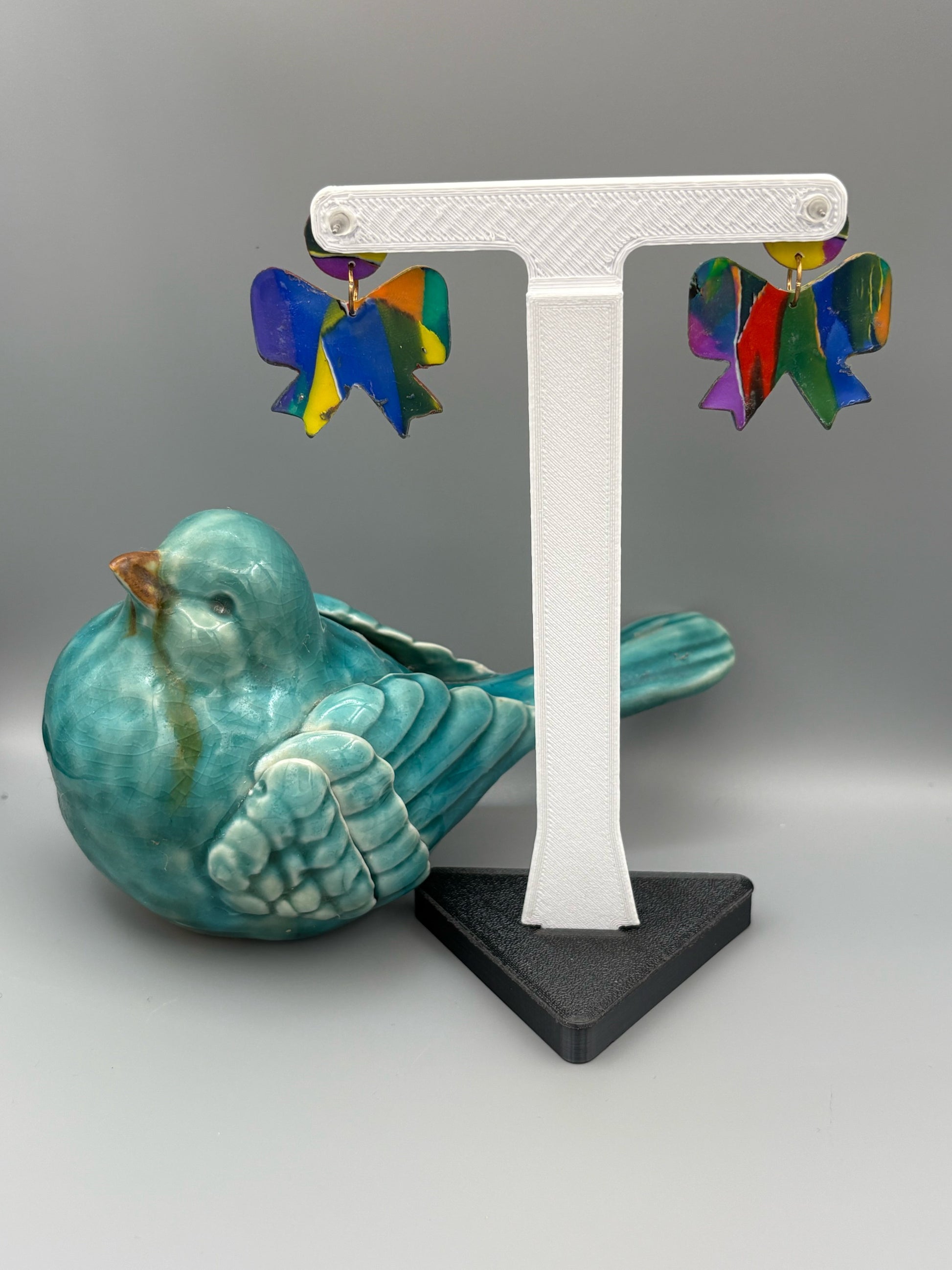 Water Colour Bow Dangle Earrings - handcrafted polymer clay earrings by Lakeside Clay