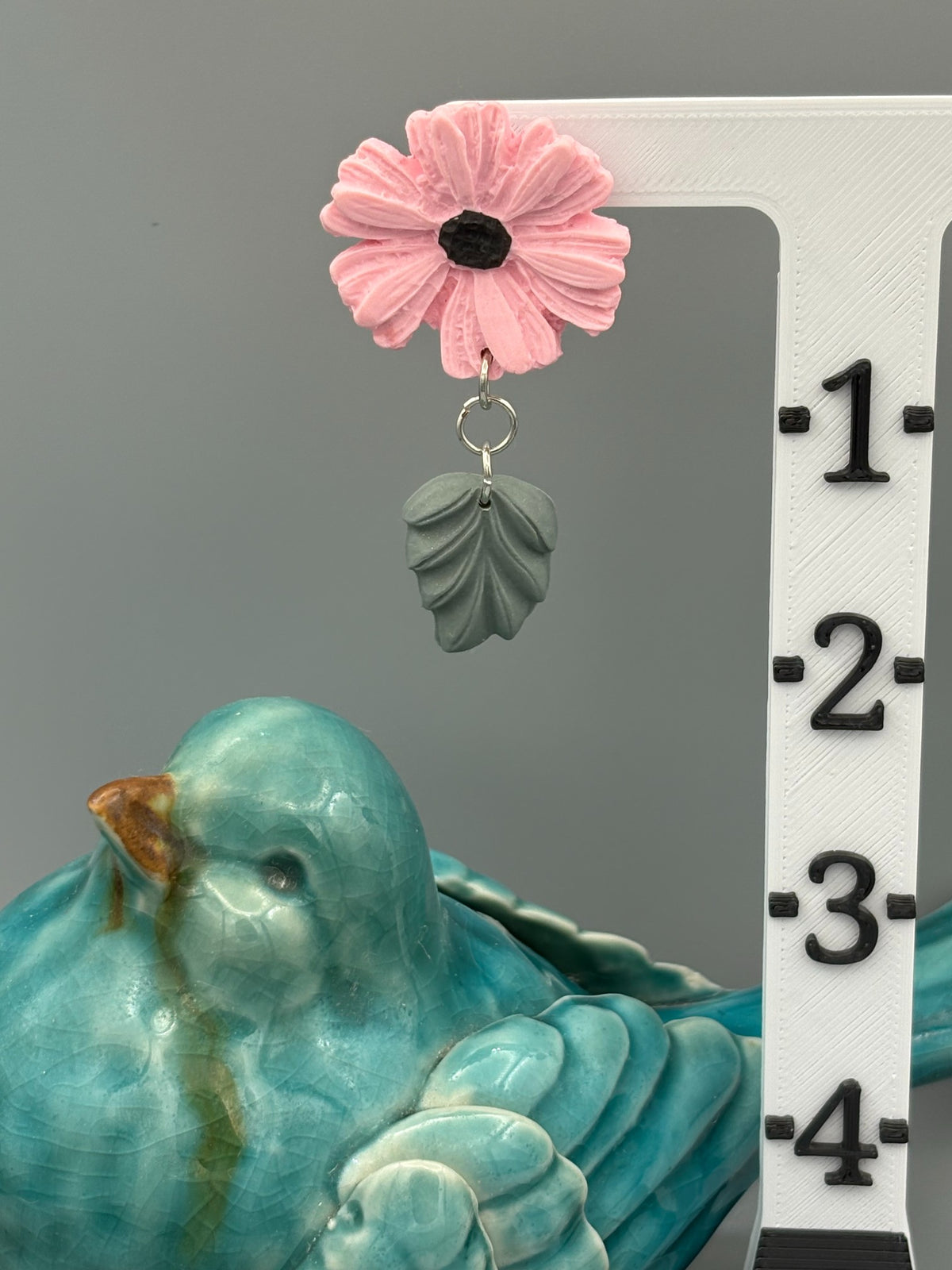 Pink Flower and Leaf Dangle Earrings - handcrafted polymer clay earrings by Lakeside Clay