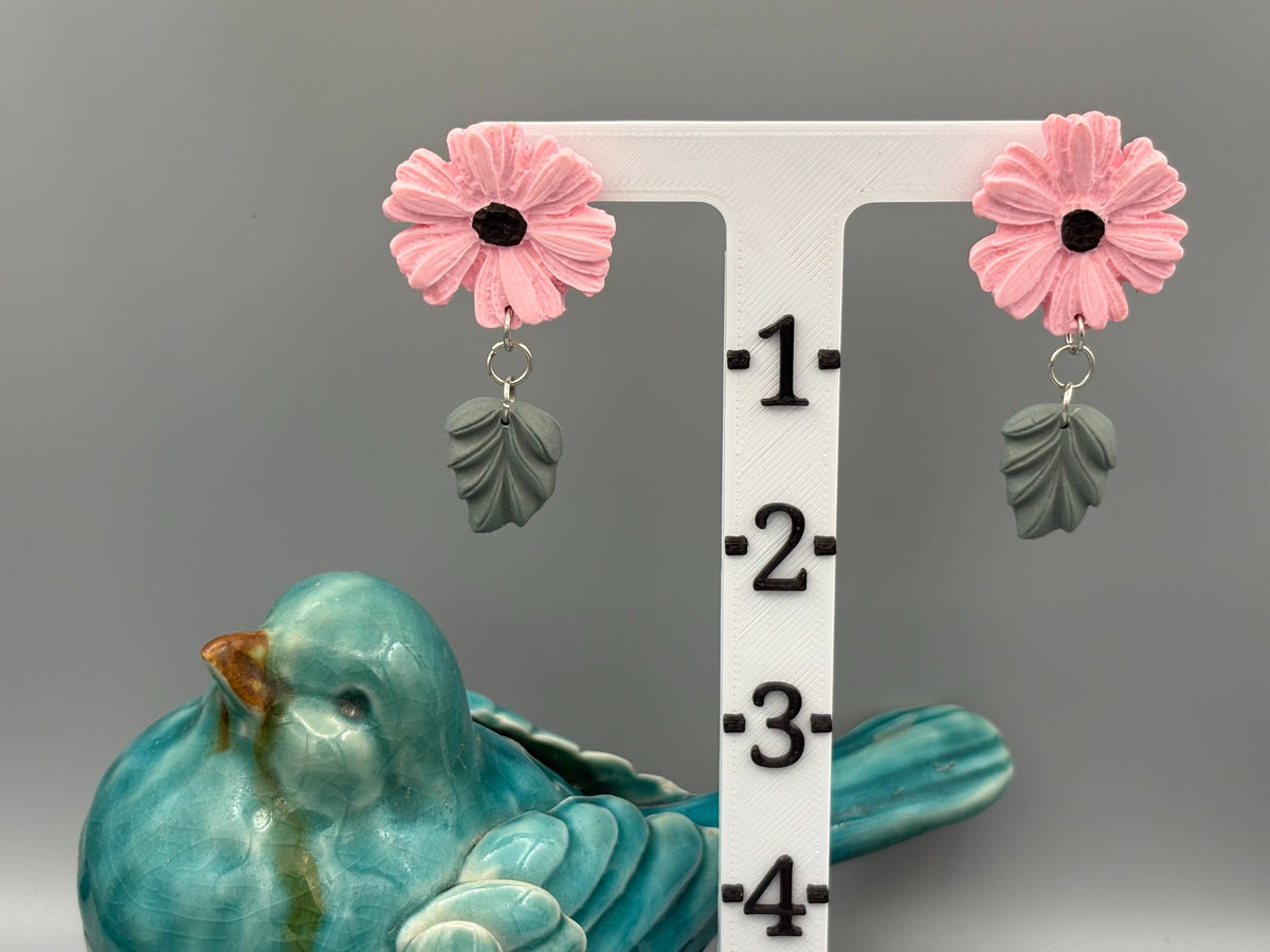 Pink Flower and Leaf Dangle Earrings - handcrafted polymer clay earrings by Lakeside Clay