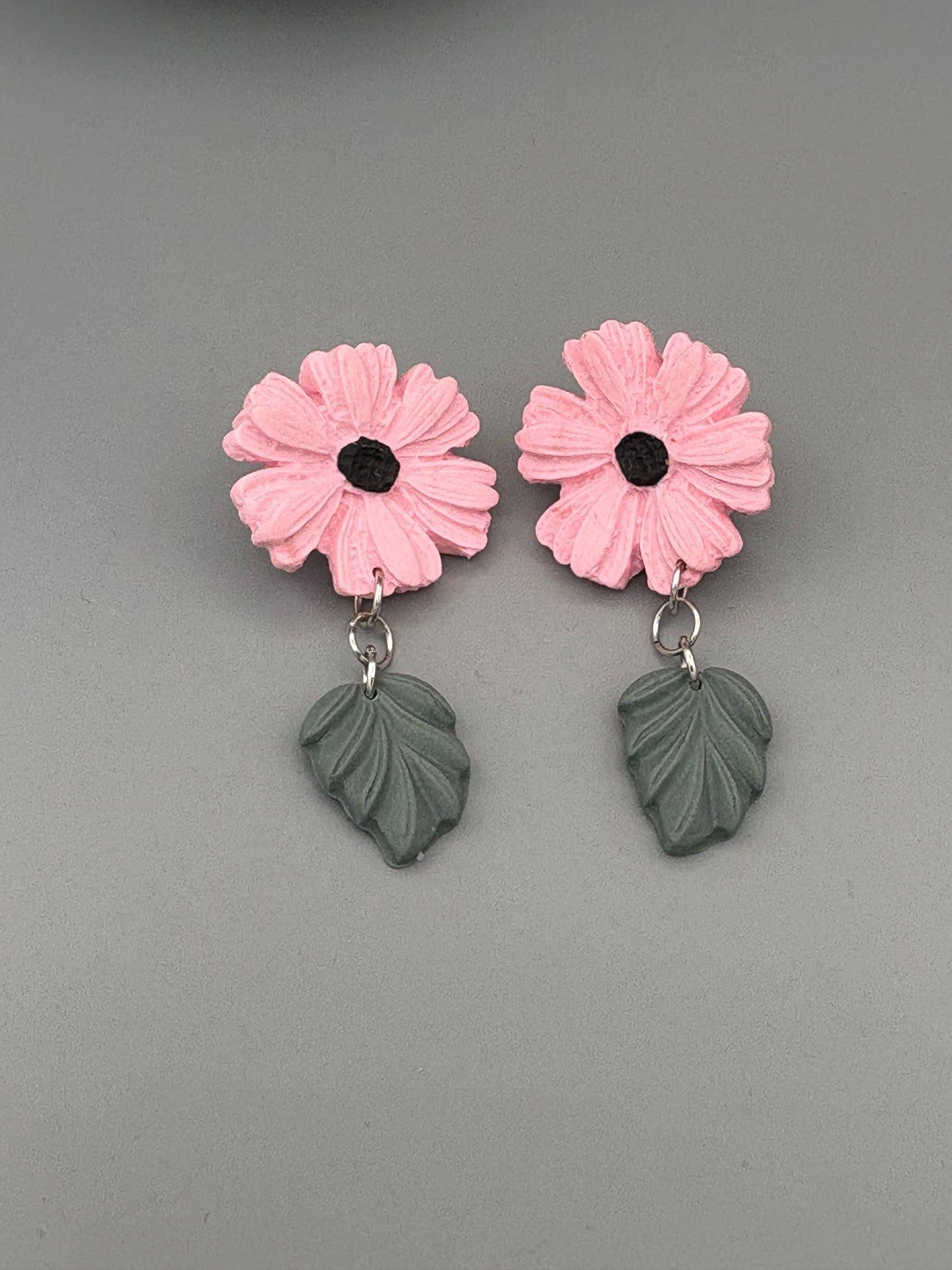 Pink Flower and Leaf Dangle Earrings - handcrafted polymer clay earrings by Lakeside Clay