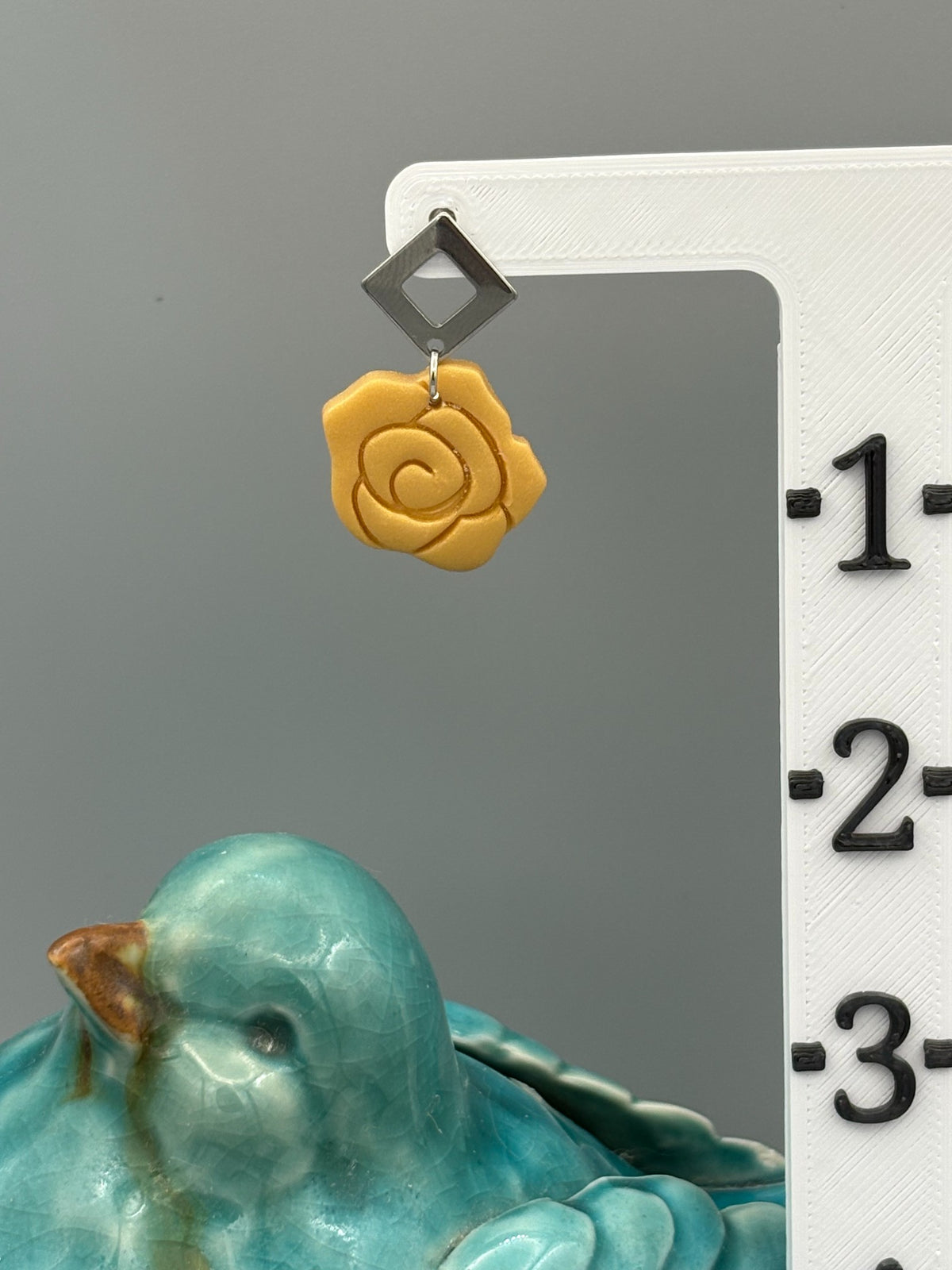 Gold Rose Dangle Earrings - handcrafted polymer clay earrings by Lakeside Clay