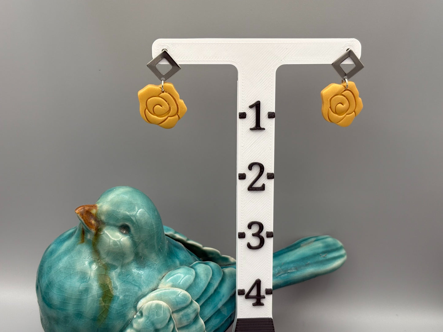 Gold Rose Dangle Earrings - handcrafted polymer clay earrings by Lakeside Clay