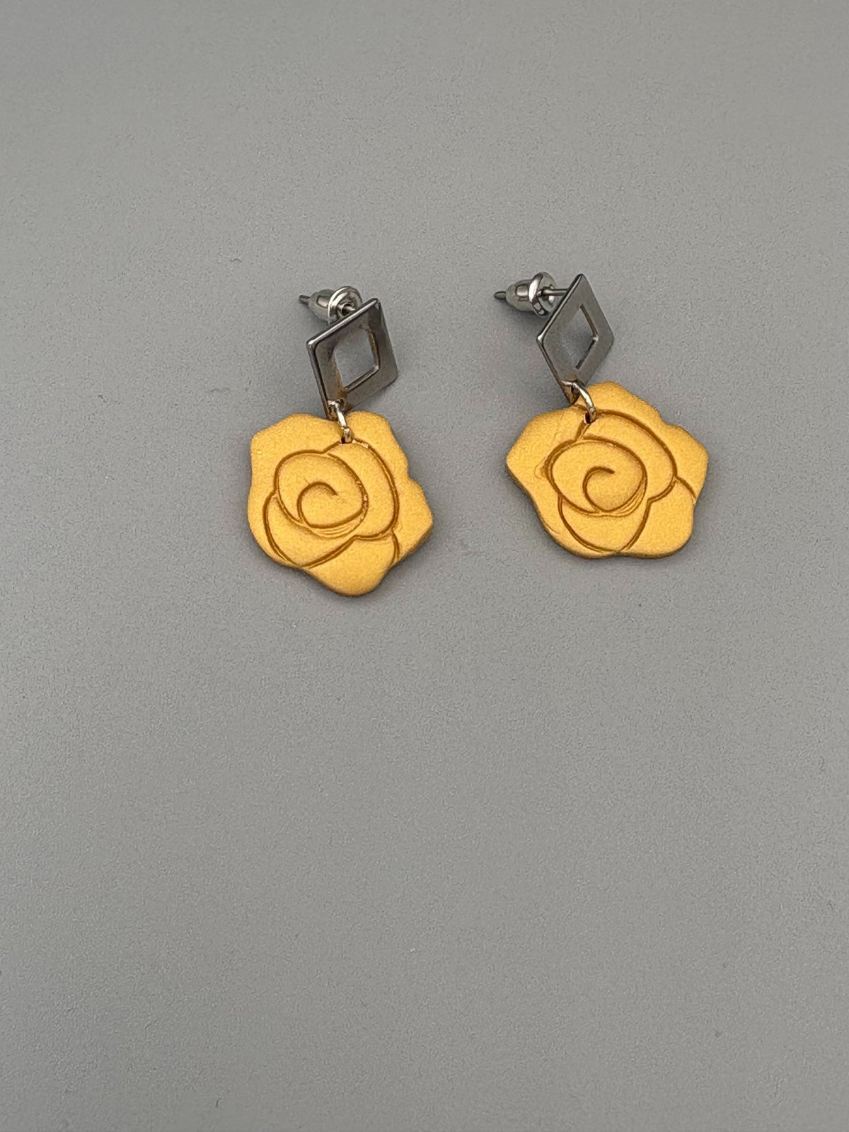 Gold Rose Dangle Earrings - handcrafted polymer clay earrings by Lakeside Clay