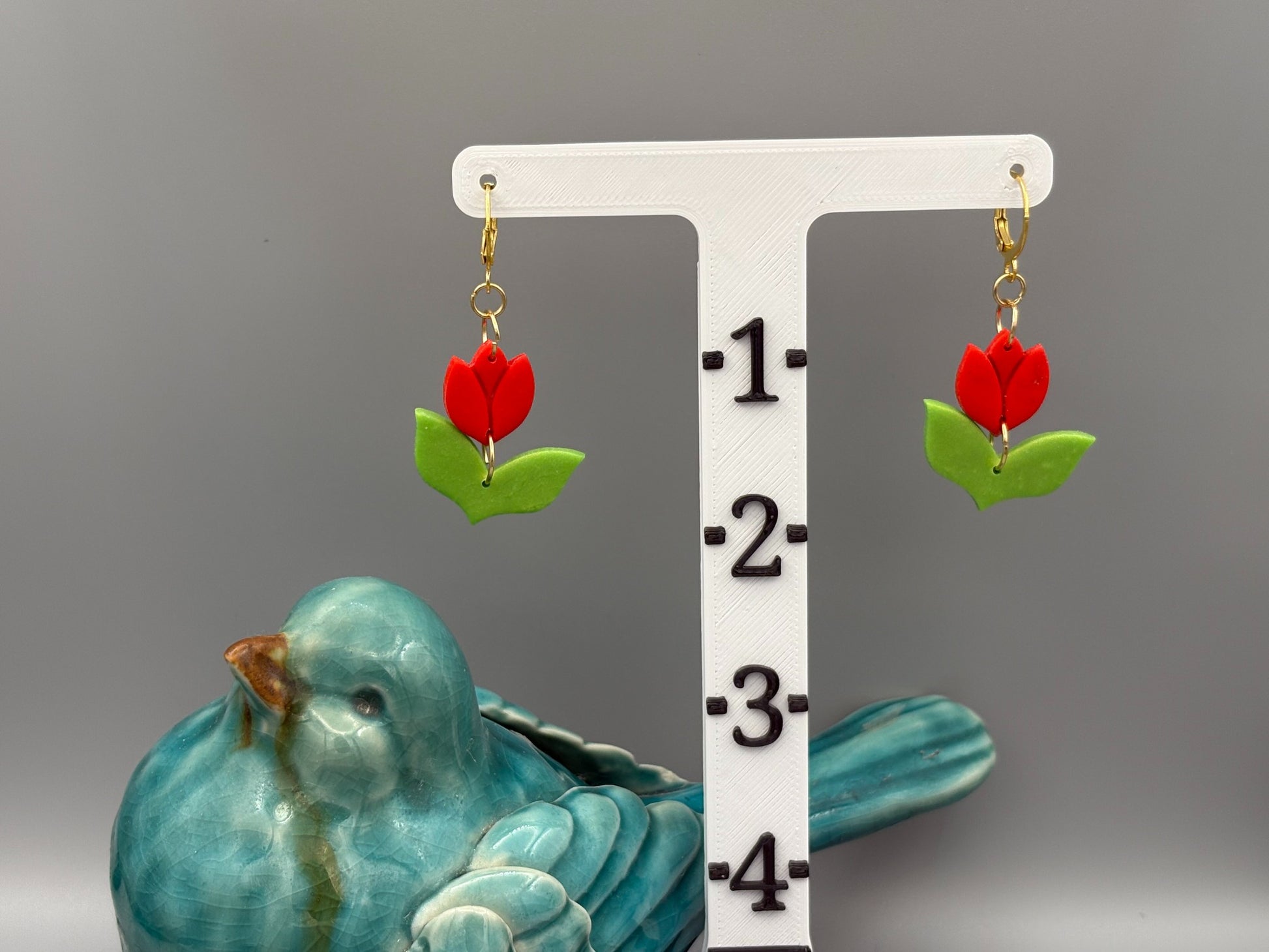 Red Tulip Dangle Earrings - handcrafted polymer clay earrings by Lakeside Clay