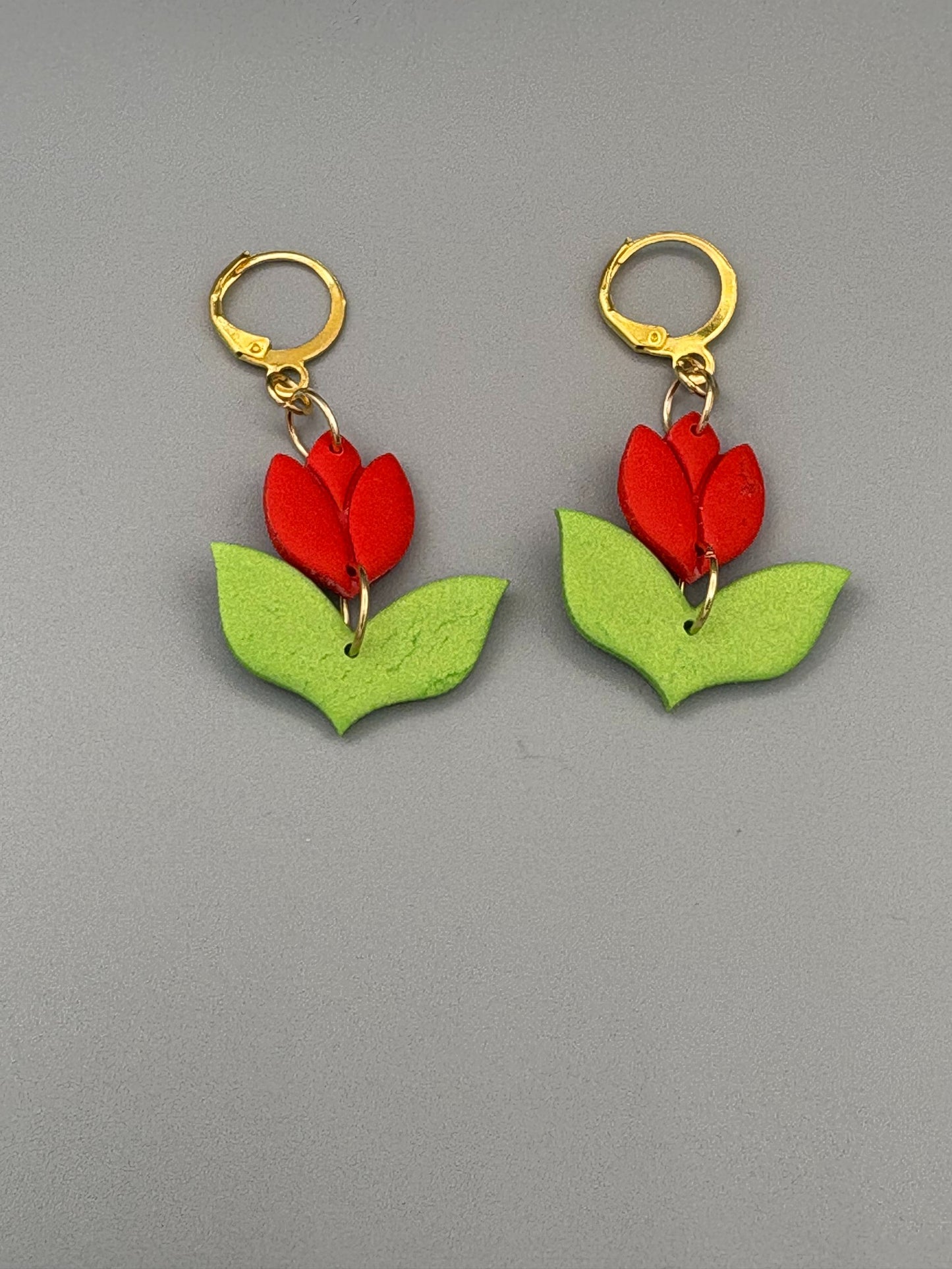 Red Tulip Dangle Earrings - handcrafted polymer clay earrings by Lakeside Clay