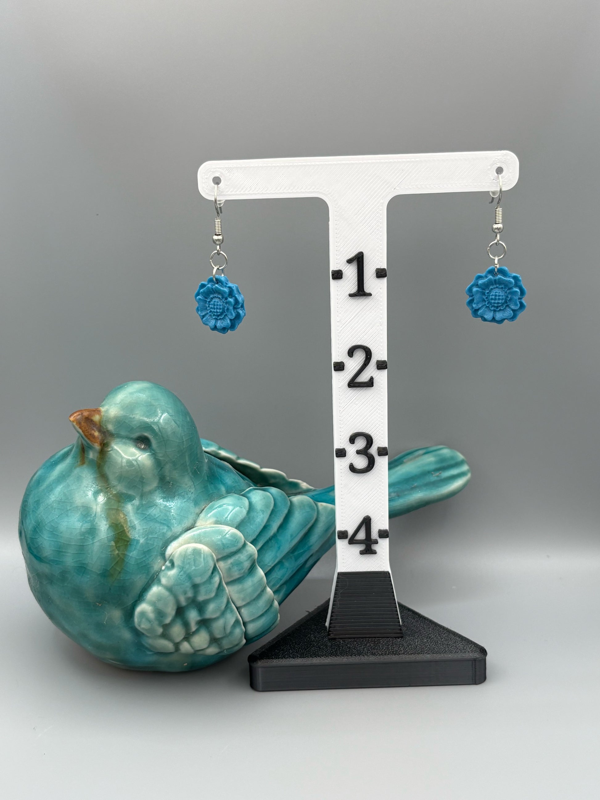 Teal 3D Flower Dangle Earrings - handcrafted polymer clay earrings by Lakeside Clay