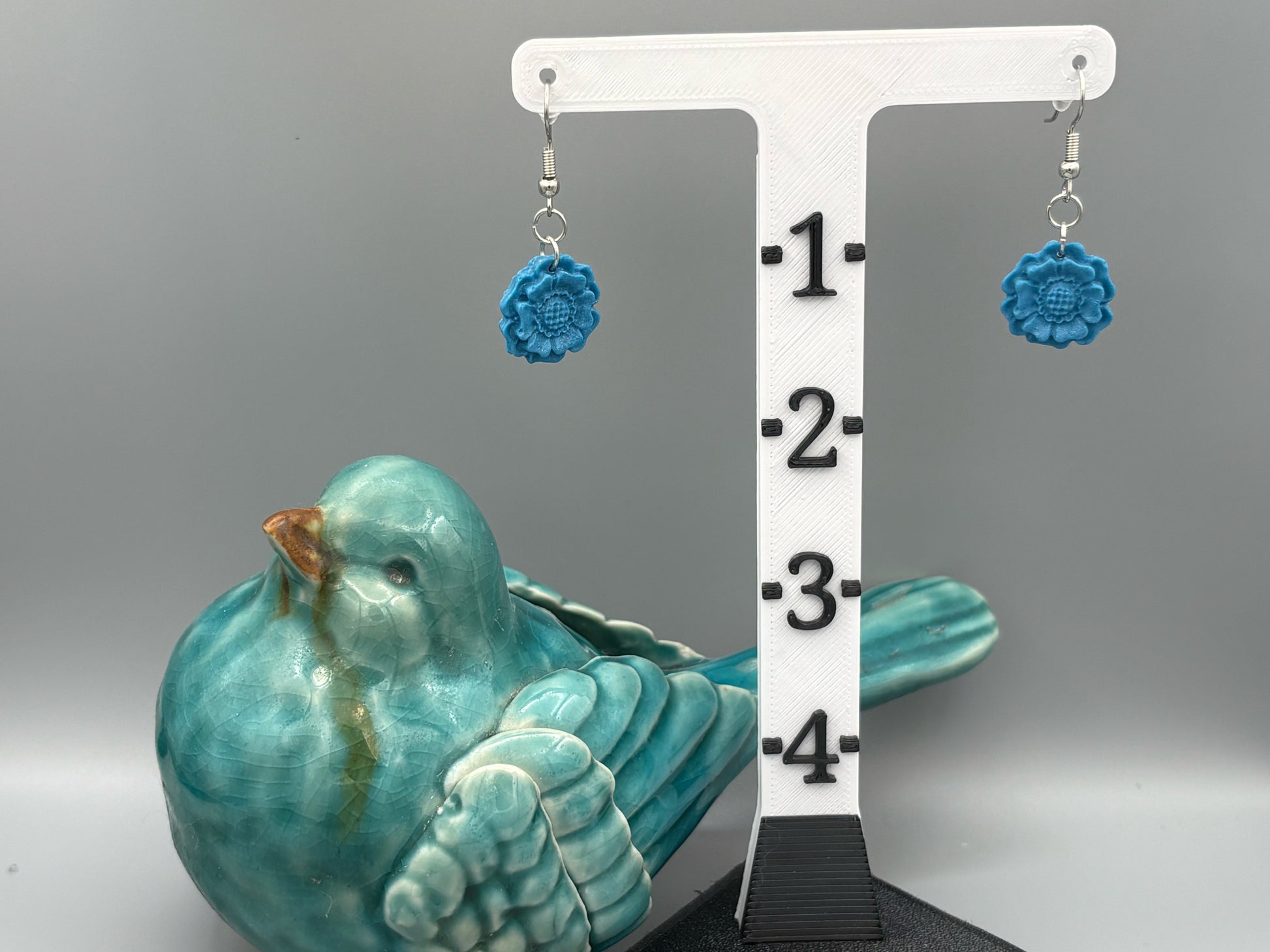 Teal 3D Flower Dangle Earrings - handcrafted polymer clay earrings by Lakeside Clay