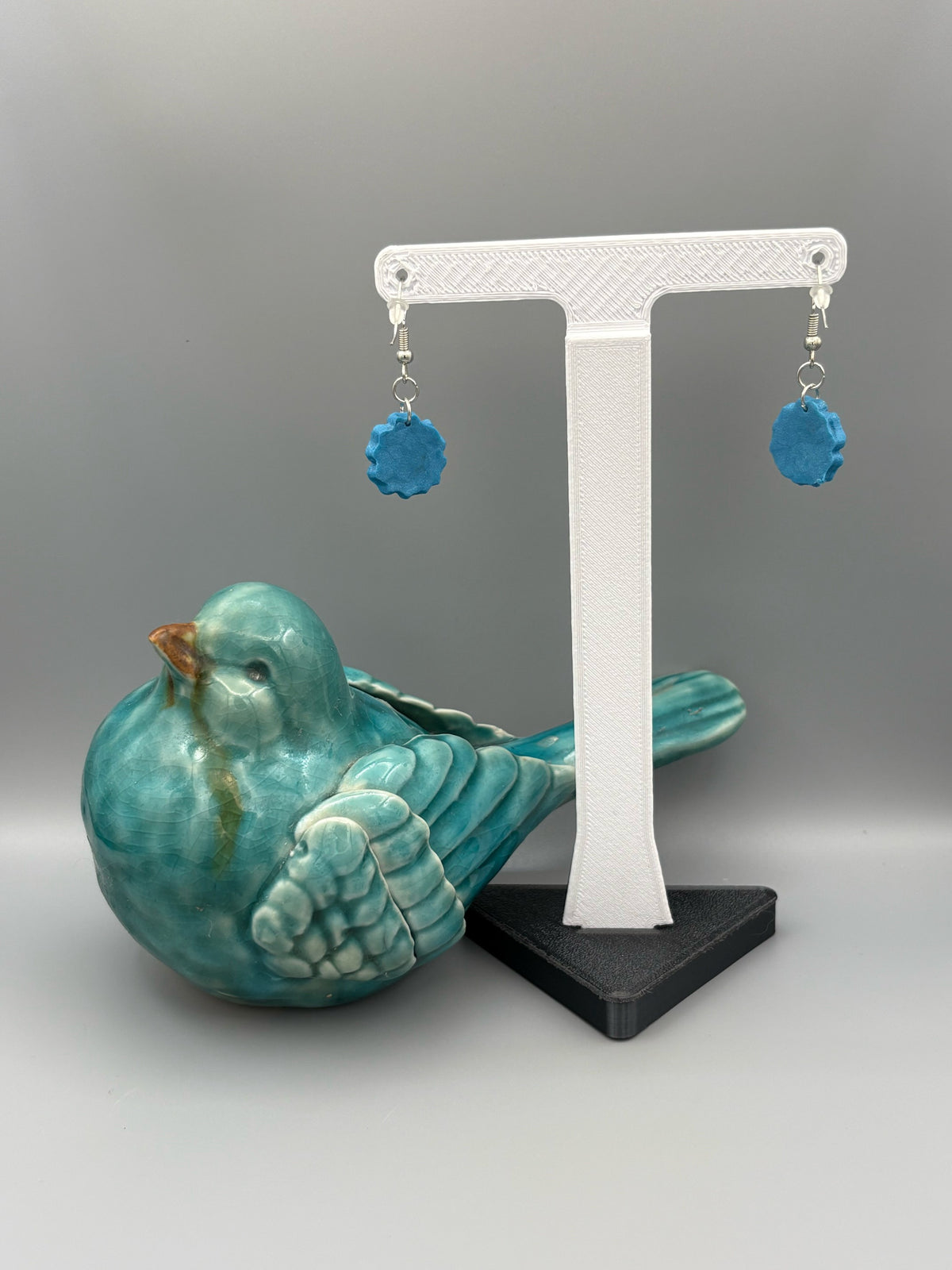 Teal 3D Flower Dangle Earrings - handcrafted polymer clay earrings by Lakeside Clay