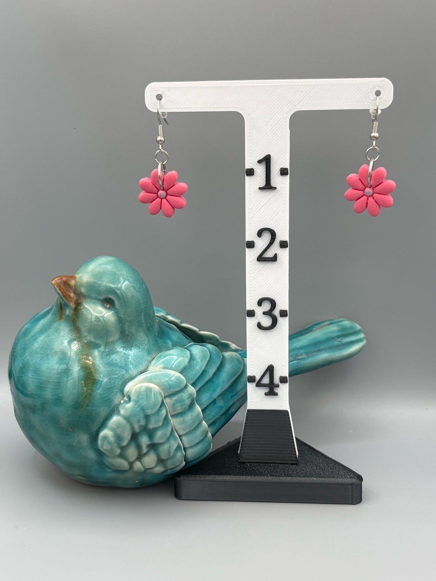 Pink Flower Dangle Earrings - handcrafted polymer clay earrings by Lakeside Clay